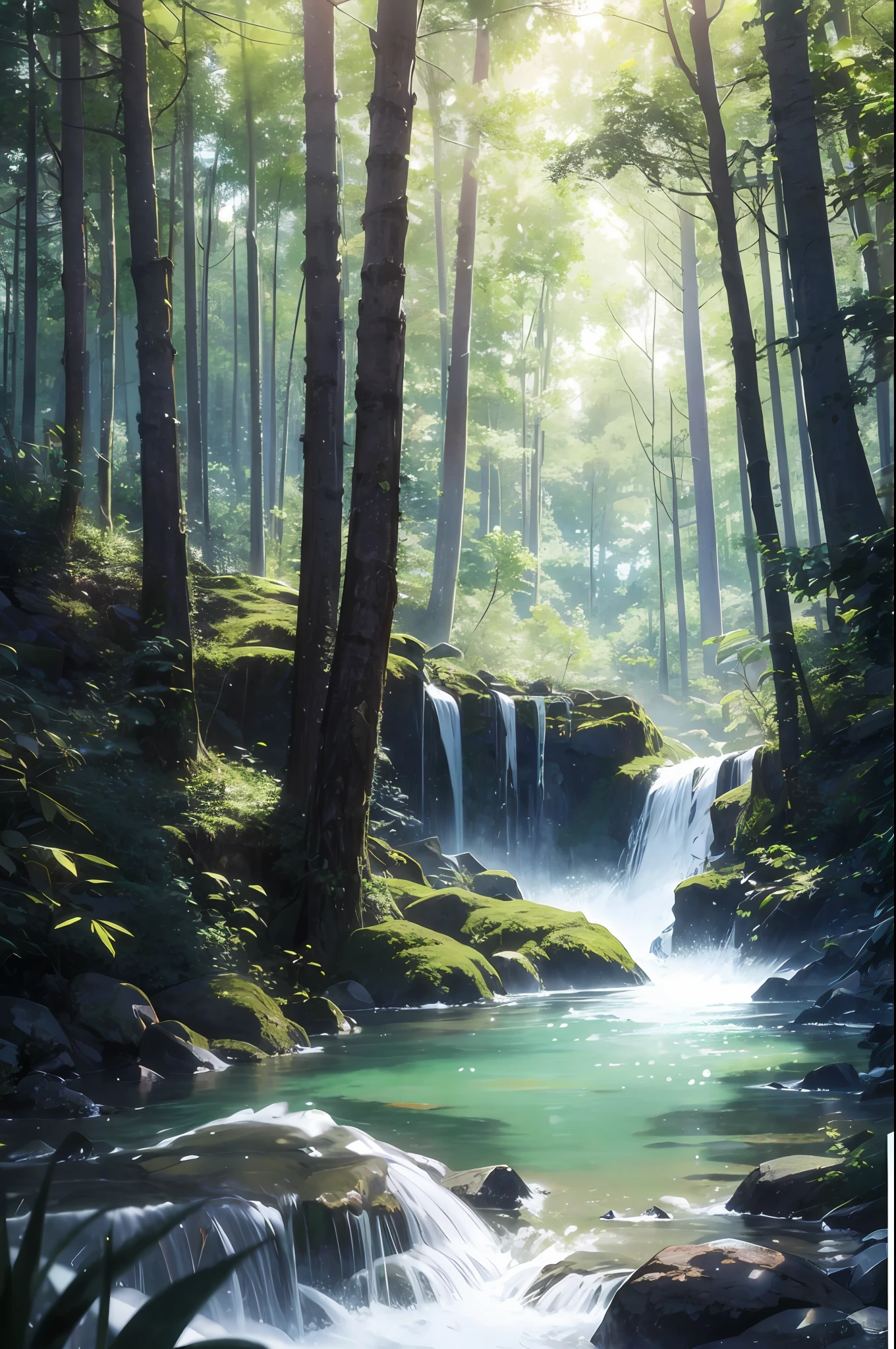 high res, ultra detailed, (no human:1.3), BREAK , Create an image using a rainbow prism effect, with light refracting and creating ethereal cinematic appearance. BREAK , Design an image with a cinematic lens , capturing a wide field of view with a distinctive, curved perspective. BREAK , Capture a dense forest path, with aged thick trees, rocks, streams, waterfall,trees with colorful flowers,dappled sunlight, and a sense of tranquility and natural beauty. BREAK , Illustrate a ethereal world, using only ethereal shades of nature to convey depth, emotion, and a striking visual impact --auto --s2