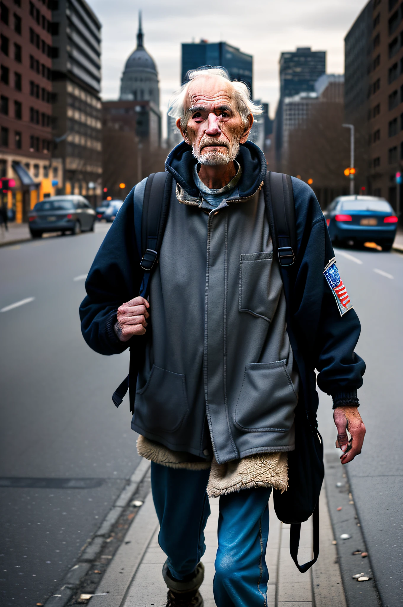 A homeless elderly man walks down a busy street with a sad expression on his face. The man is carrying a worn-out backpack and wearing a tattered coat, and the cityscape in the background adds a sense of loss and loneliness, and the realism, drama, 8K art portrait photography.