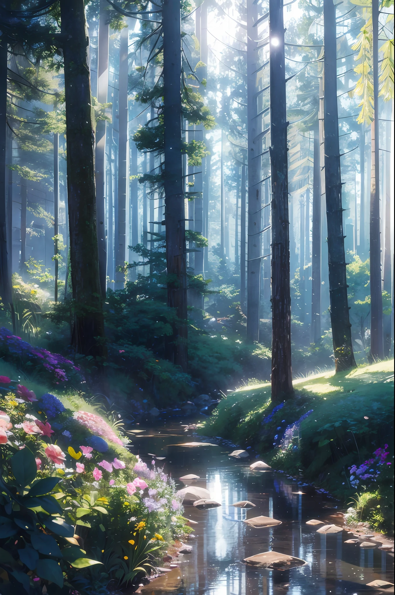 high res, ultra detailed, (no human:1.3), BREAK , Create an image using a rainbow prism effect, with light refracting and creating ethereal cinematic appearance. BREAK , Design an image with a cinematic lens , capturing a wide field of view with a distinctive, curved perspective. BREAK , Capture a dense forest path, with aged thick trees, rocks, streams, waterfall,trees with colorful flowers,dappled sunlight, and a sense of tranquility and natural beauty. BREAK , Illustrate a ethereal world, using only ethereal shades of nature to convey depth, emotion, and a striking visual impact --auto --s2