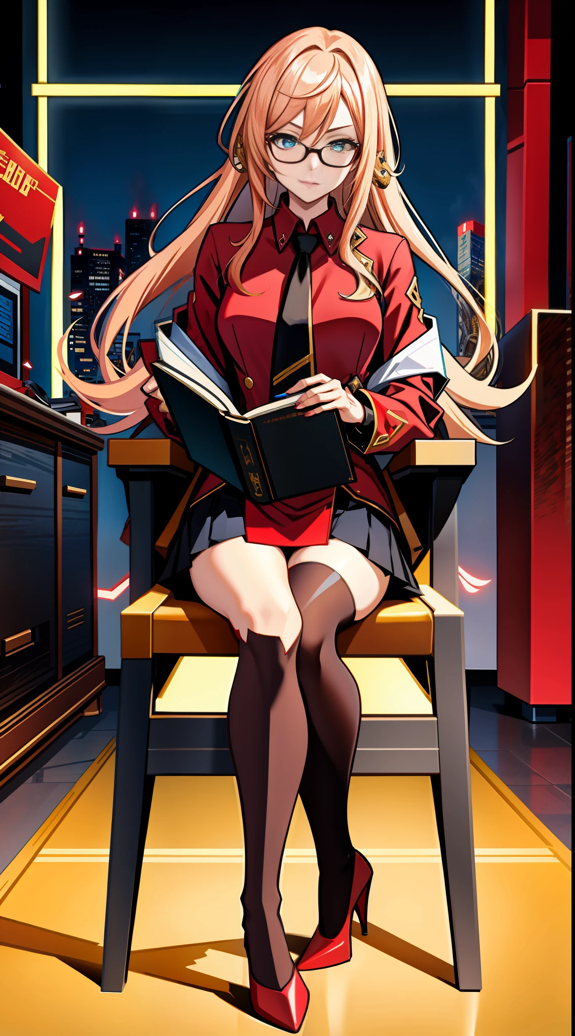 Masterpiece, Best quality, rich details , video game Genshin Shock, Genshin Impact style, 1 girl, (Seduction), (adult female), 30 years old, smoky crimson, lawyer, red shirt, black suit, yellow tie, bag skirt, gold wire-rimmed glasses, (black stockings), red high heels, sitting on chair, book, holding, full body, in the office, (((complex background))))