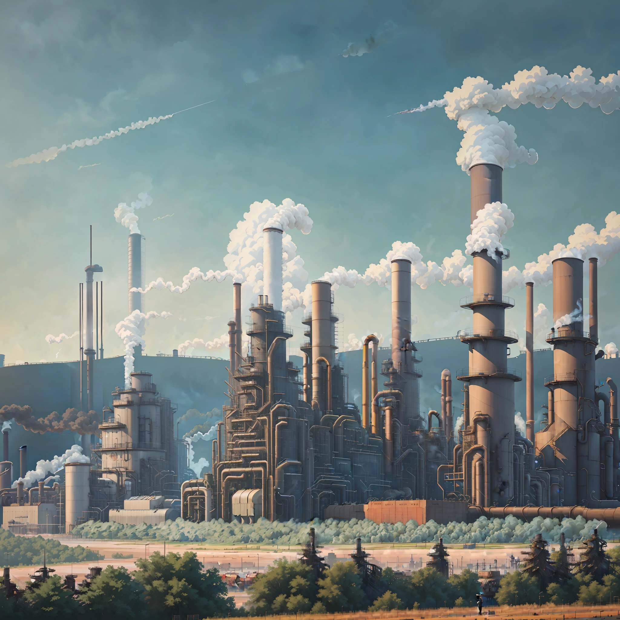 there are many smoke stacks in the air near a large factory, chemical plant, industrial complex, industrial factory, industrial plant environment, power plants with smoke, industrial environment, industrial surrounding, factories and nature, industrial setting, industry, factory background, industrialization, industrial background, matte painting of steam machines, industrial, highly detailed scene, steam pipes, industrial pipes