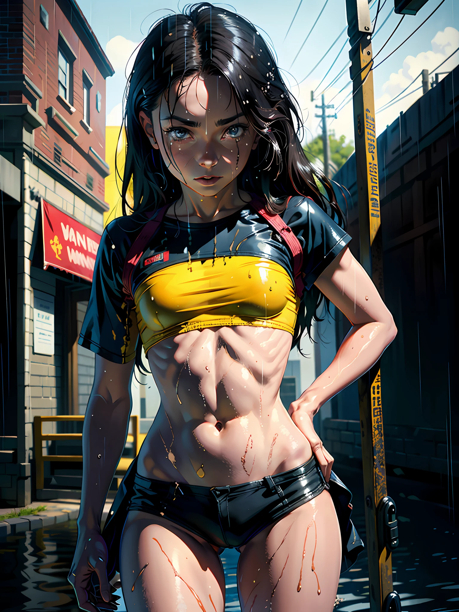 illustration, (smile,:1),(raining,wet,splash:1.3), (string,abs,small breasts,:1.1),(thin transparent, wet clothes,sfw),thighs, battlefield, (slim, fit,flat chest, petite,ukranian,) photo realistic, high definition, detailed realistic, detailed, hyper detailed, realistic skin texture, ultra high resolution, high resolution,flag painted, (masterpiece, best quality), face tears,