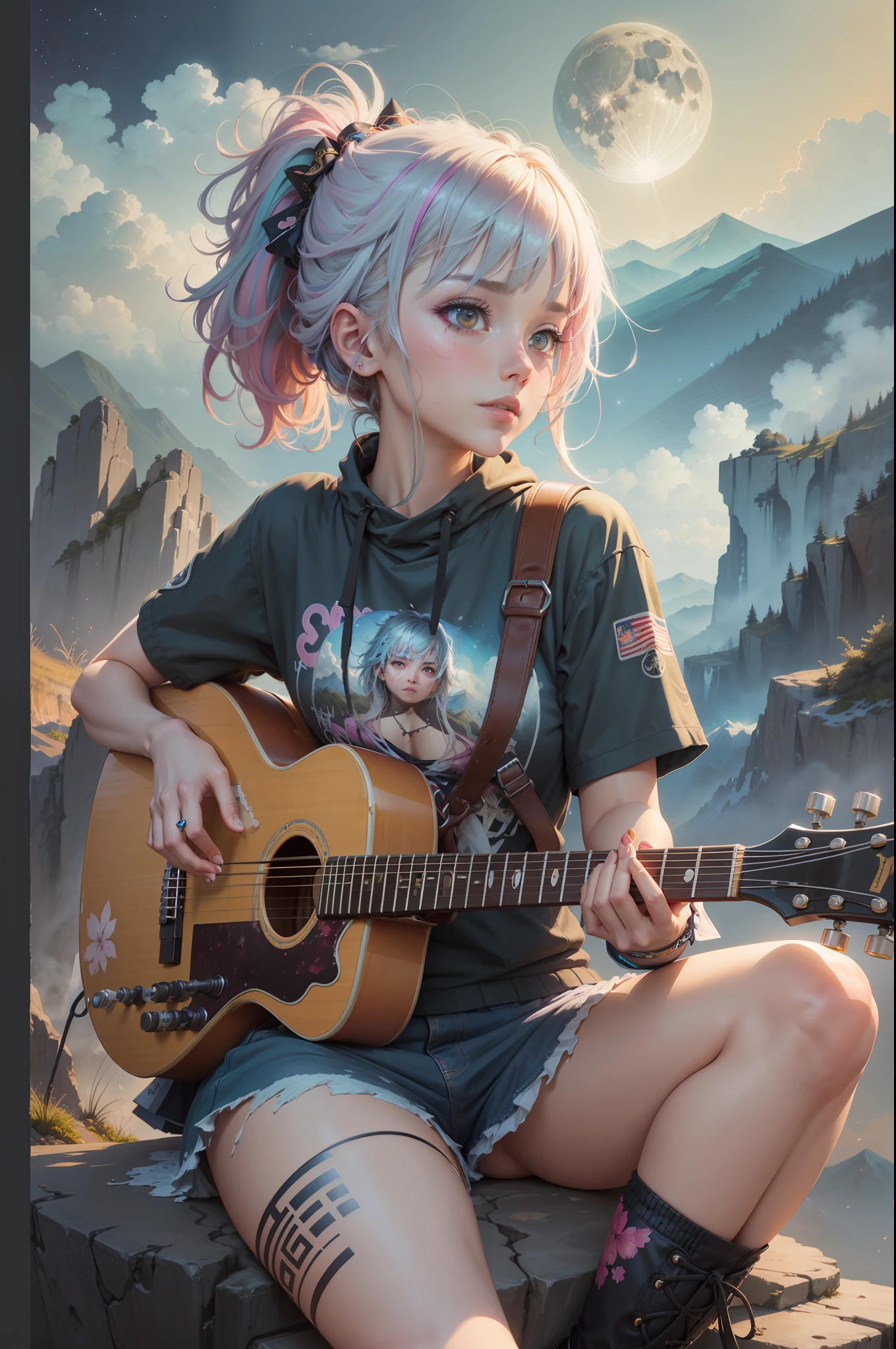 Beautiful anime watercolorpainting of summerpunk girl. Sitting on a top of a mountain playing Guitar, full moon sky, dark night Background, paint dripping by tim okamura, victor nizovtsev, greg rutkowski, noah bradley. trending on artstation, 8k, masterpiece, graffiti paint, fine detail, full of color, intricate detail, golden ratio illustration, --auto --s2