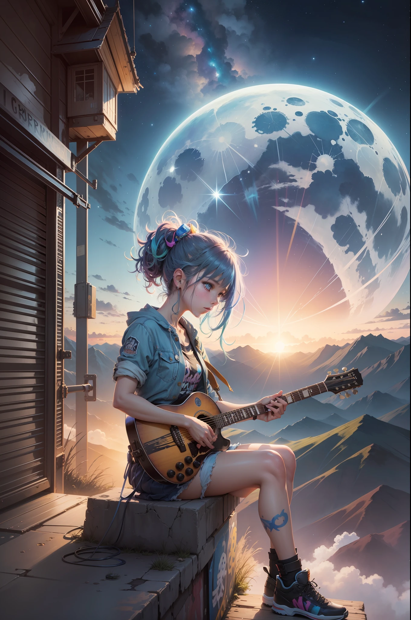 Beautiful anime watercolorpainting of summerpunk girl. Sitting on a top of a mountain playing Guitar, full moon sky, dark night Background, paint dripping by tim okamura, victor nizovtsev, greg rutkowski, noah bradley. trending on artstation, 8k, masterpiece, graffiti paint, fine detail, full of color, intricate detail, golden ratio illustration, --auto --s2