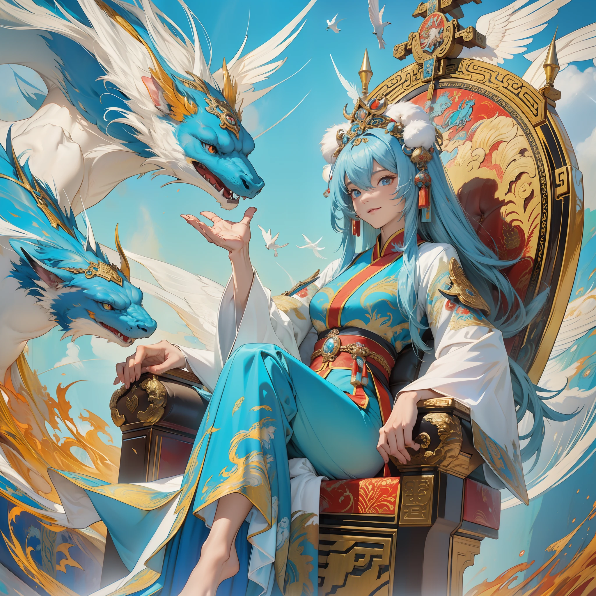 A painting of a Chinese girl sitting on a throne surrounded by phoenix beasts, anaglyph, deep white and sky blue, detailed crowd scenes, imaginative illustrations, meticulous details, mythological references, action drawings::3 A painting with a Chinese girl on a throne surrounded by phoenix beasts, unique monster illustration style, murals, otherworldly creatures, Kushan Empire, deep white and aquamarine, high resolution, dau-al-set::5 A painting with a Chinese girl on the throne surrounded by phoenix beasts, Deep white and aquamarine, unique monster illustration, dau al set, high resolution: :2 A painting of a Chinese girl sitting on a throne surrounded by phoenix beasts, dense composition, playful repetition, dark white and light blue, detailed painting, unique monster illustration, super fine details: 4 --ar 1:2 --v 5 --q 2 --s 1000