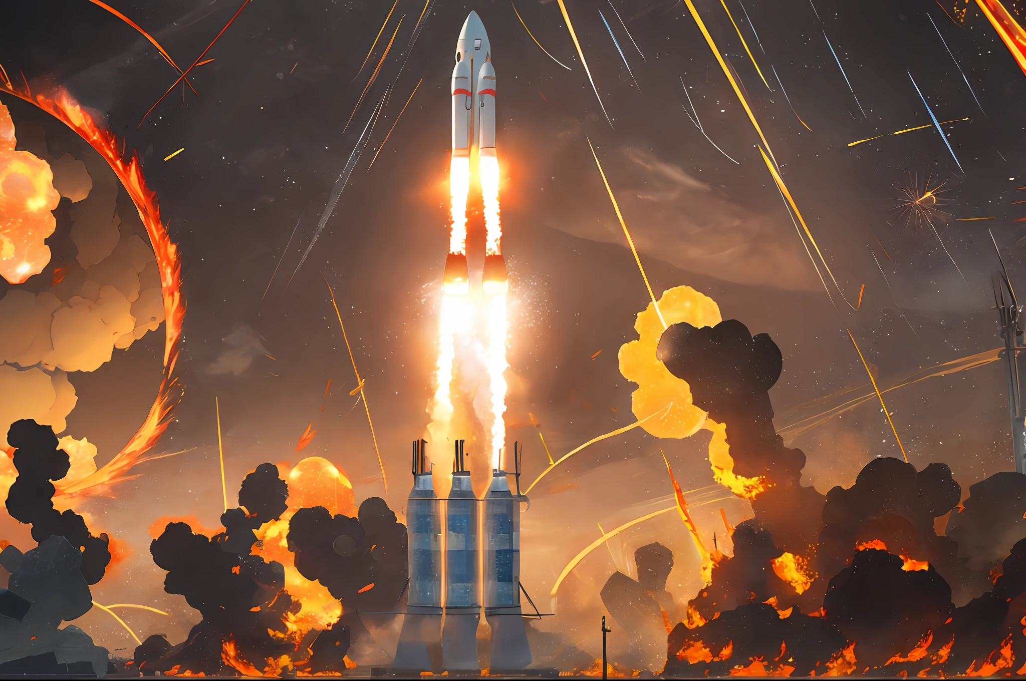 Close-up of rocket launches, air currents, flames, gloom, apocalyptic winds,