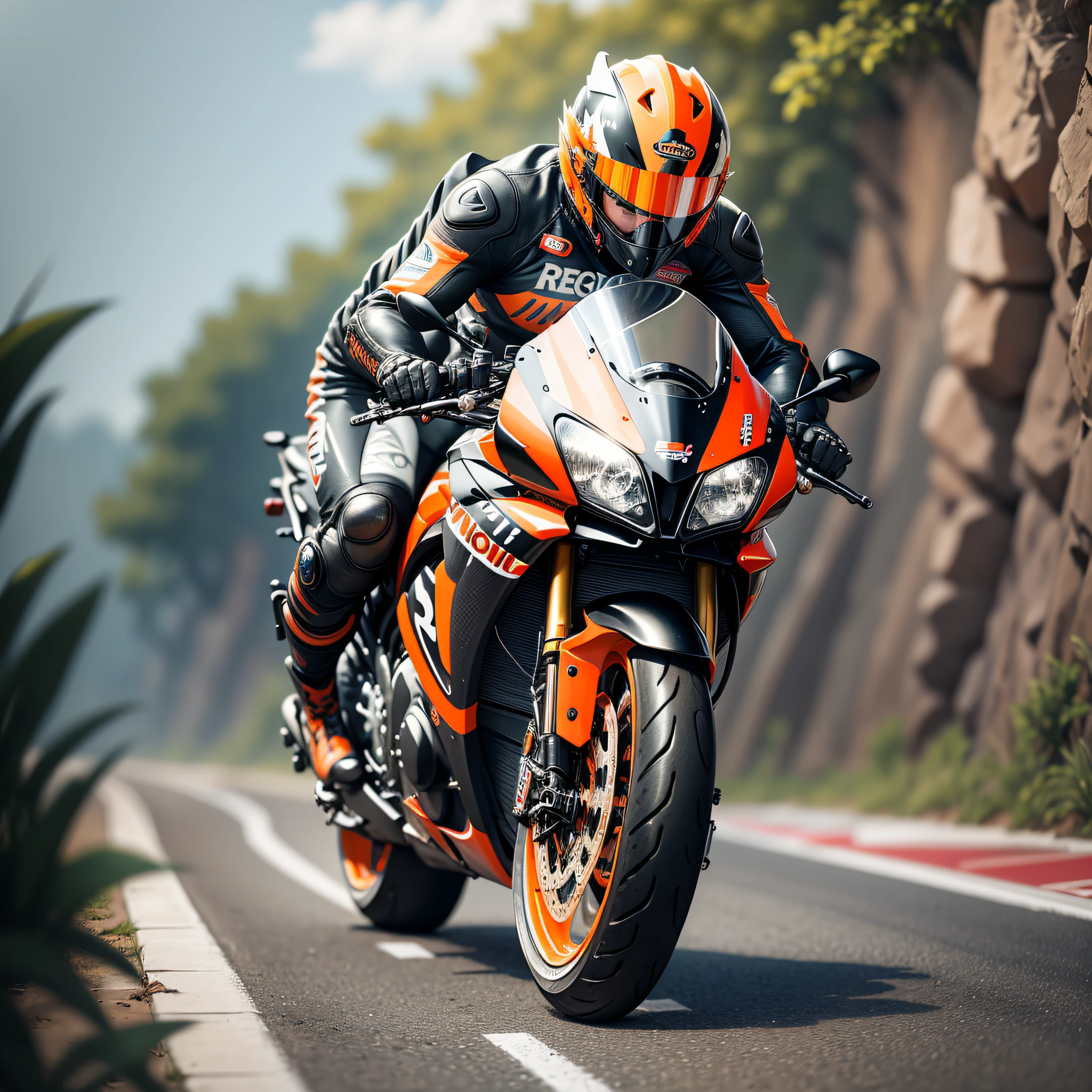Realistic image of biker riding on a Repsol motorcycle, with shades of black and orange 4k --auto --s2