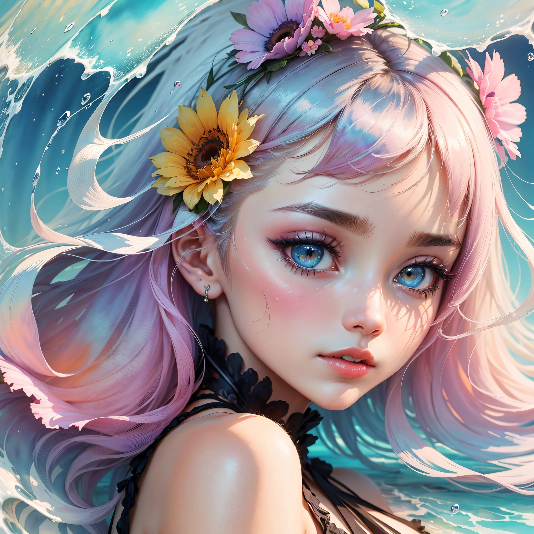 (Best Quality), (Masterpiece: 1.2), (Colorful: 0.9), (Ink Splash), (Color Splash), (Watercolor)), Sharp Focus, (Portrait Summer Goddess: 1.5), Elegant Look, Elegant Pastel Haircut, Beautiful and Detailed Face and Eyes, Elegant Clothes, Summer Sea Background, Colored Water --auto --s2