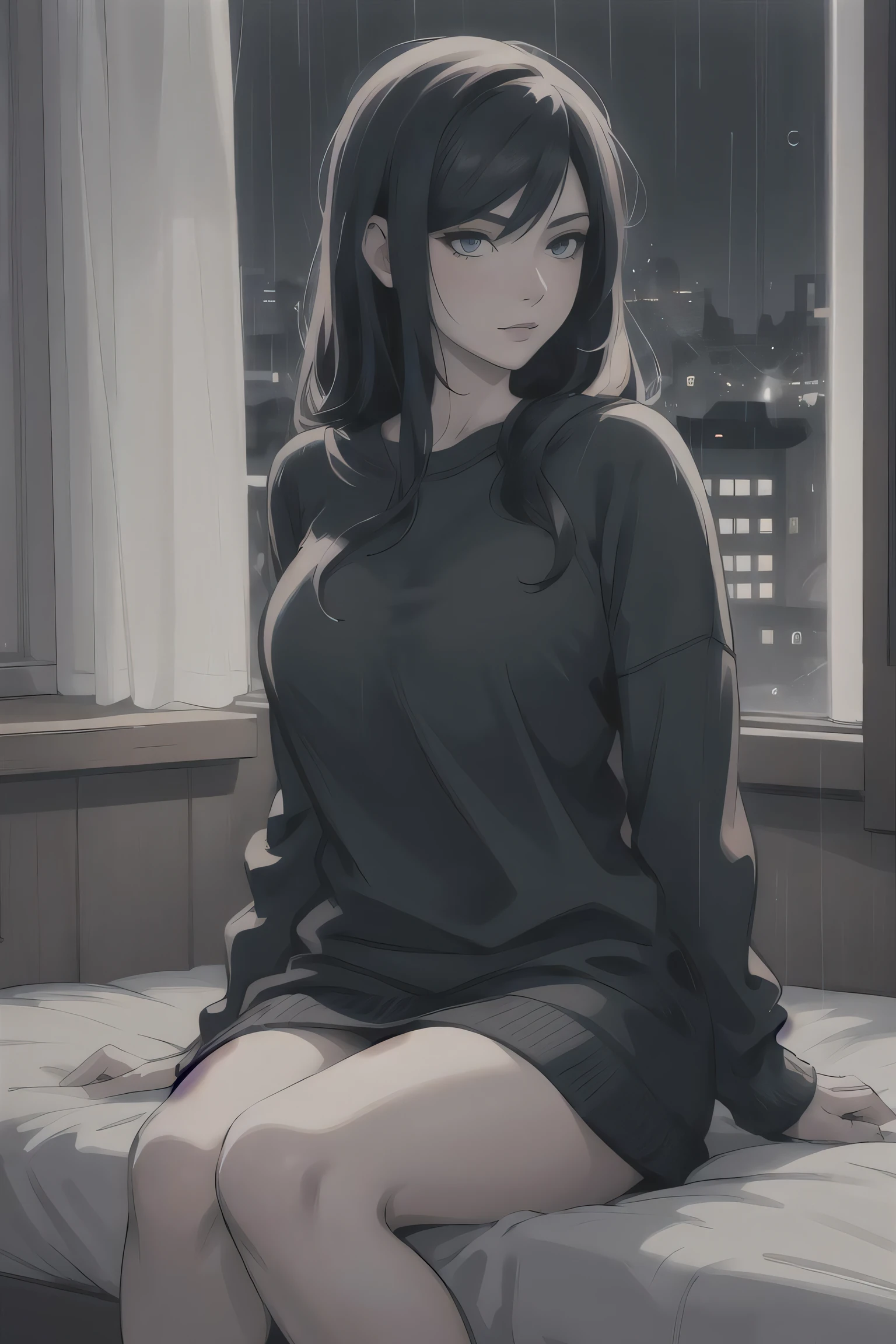 masterpiece, best quality, 8k, artstation, wallpaper, official art, splash art, sharp focus, beautiful woman, wearing comfy clothes. sitting by window, looking out window, at night. rainy night. ((in cozy bedroom)), (solo)