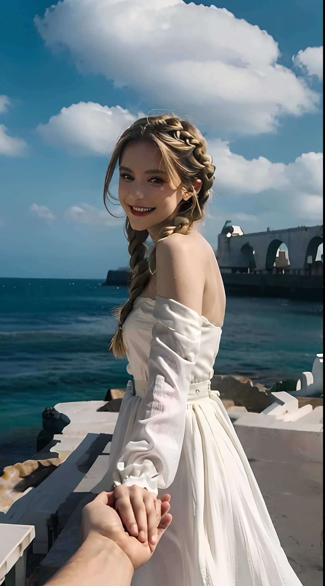 1 girl, solo, dress, blonde, green eyes, braids, white dress, outreach, outdoor, looking at the audience, clouds, bare shoulders, sky, smile, wind, holding hands