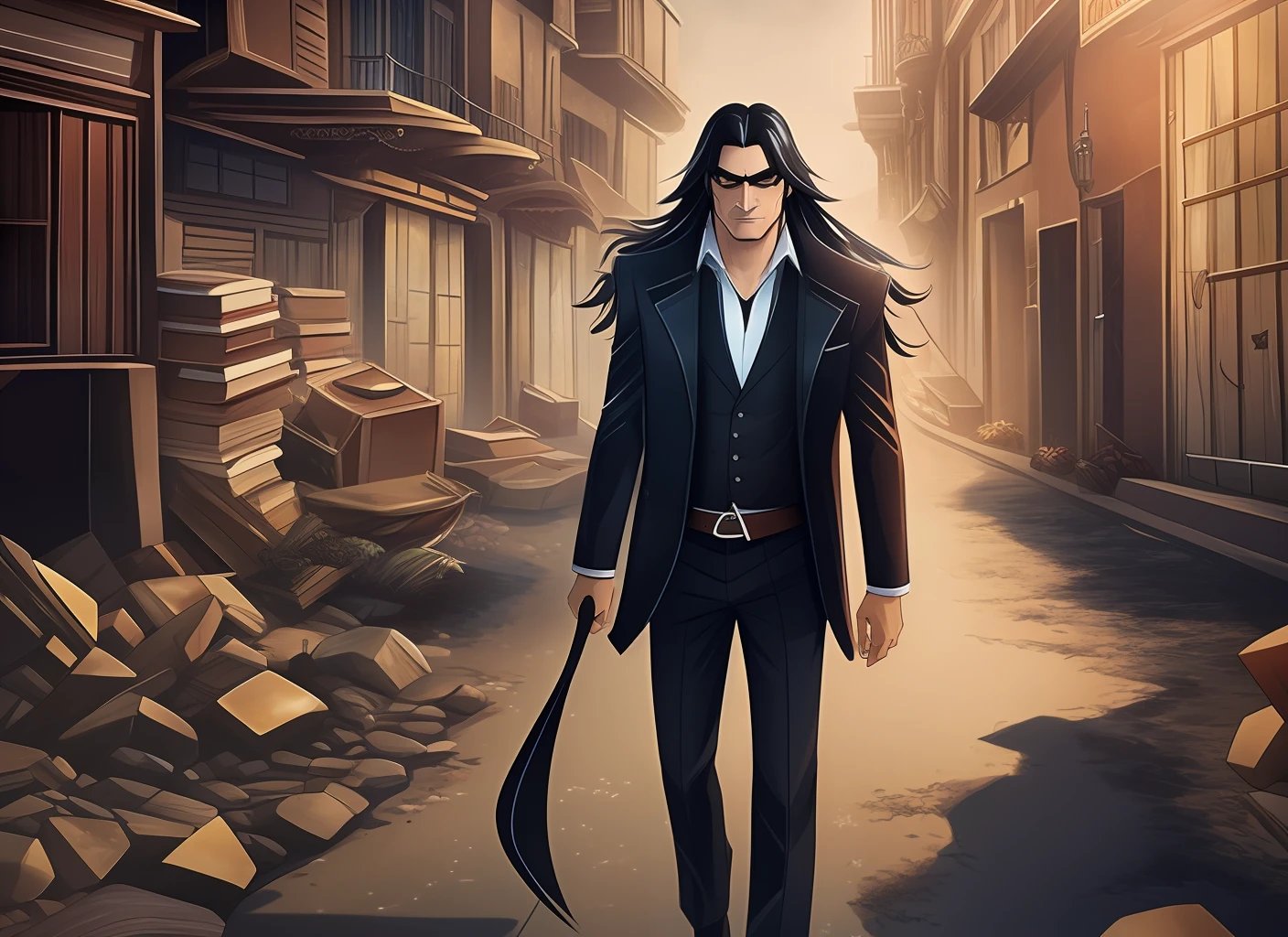 A prime-aged man with long black hair, a thin figure, and a thief's eyebrows --auto --s2