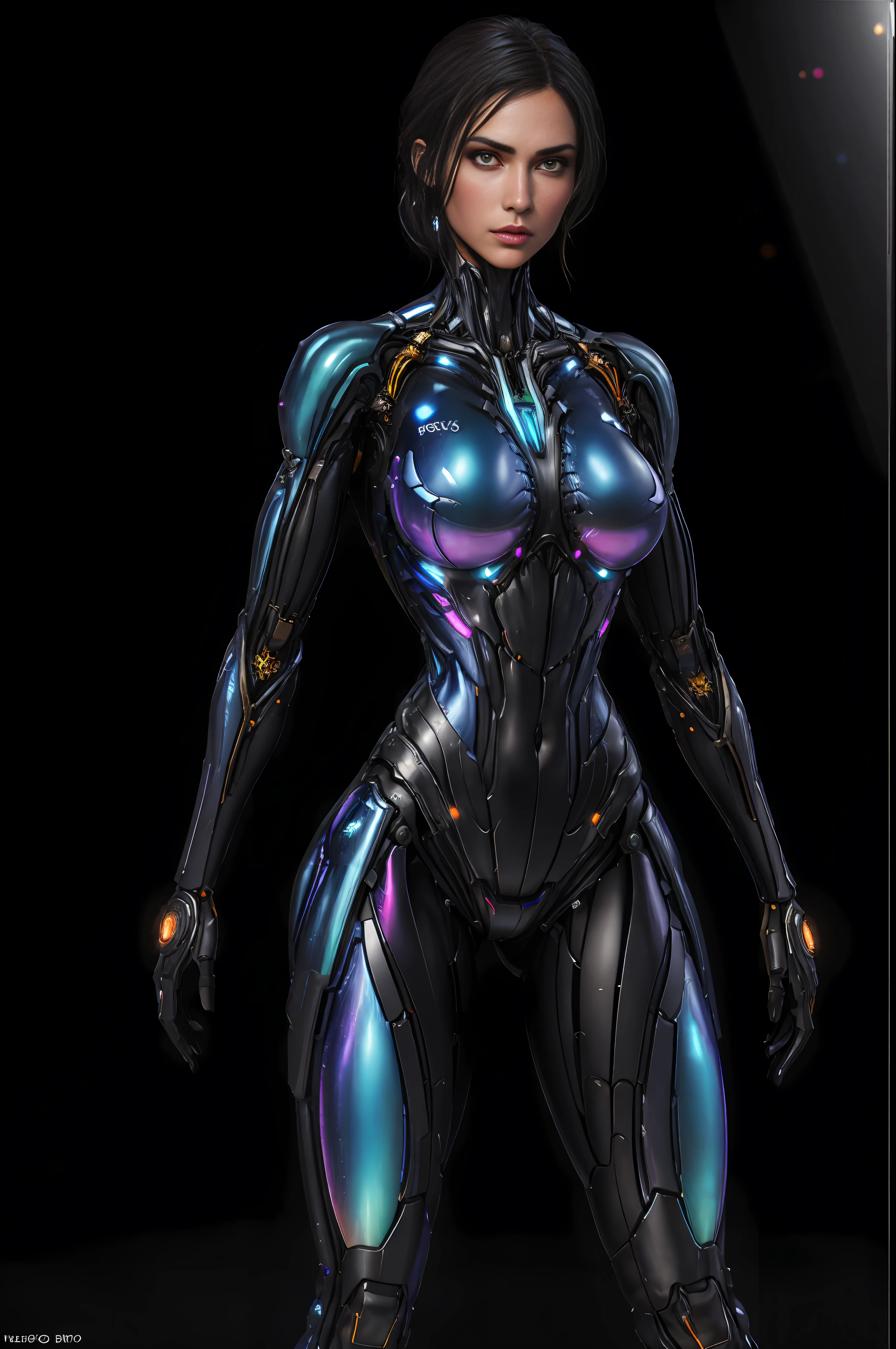 RAW, 1girl, colorful, full body shot, holographic nanosuit, (masterpiece, best quality), (detailed skin:1.3, detailed face:1.3), dslr, realistic, looking at viewer, sharp focus, delicate, soft colors, cinematic lighting, lean girl, large breasts:1.4, dark background, citiscape in the background, bokeh