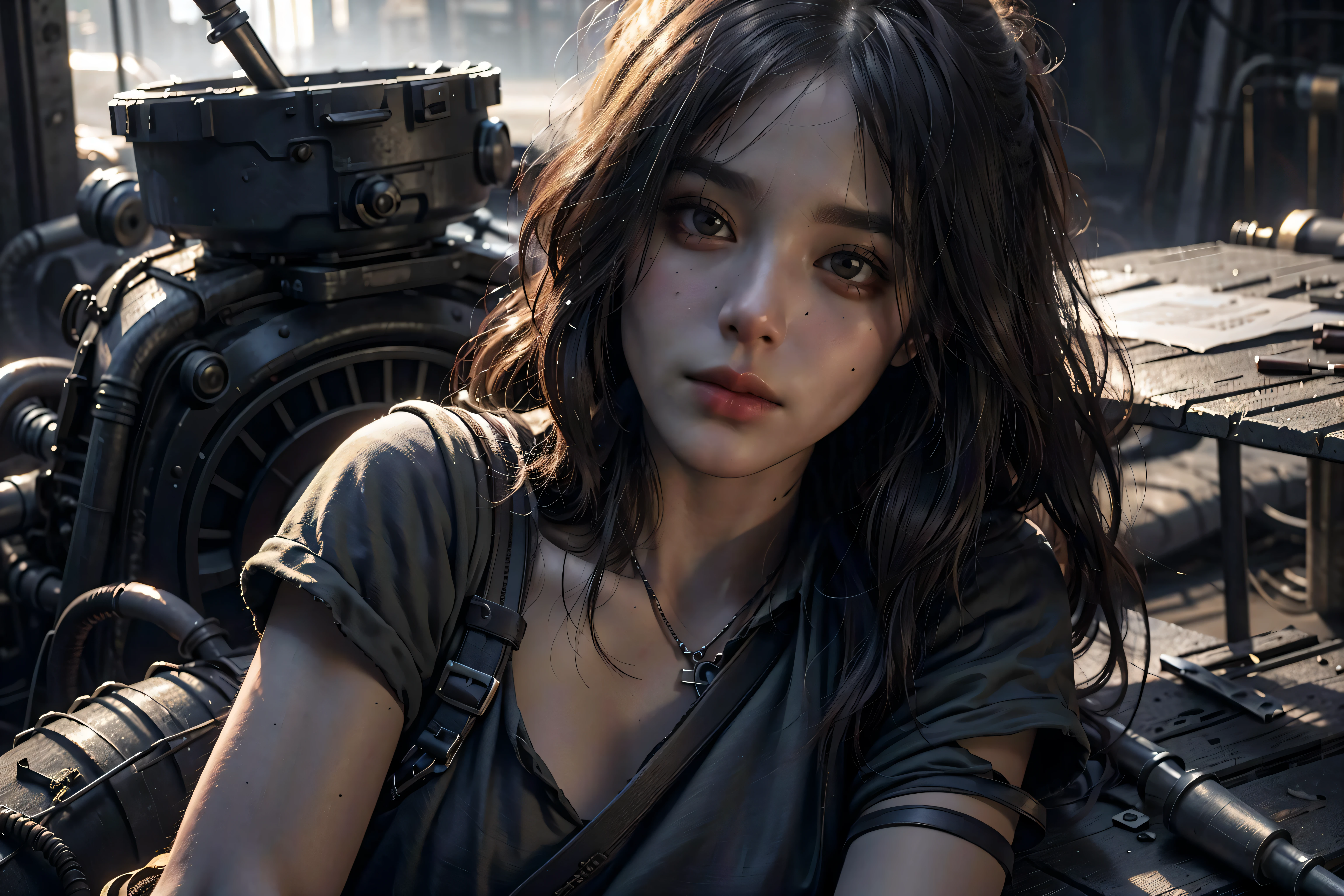 (RAW photo, best quality),(realistic, photo-realistic:1.3), extremely delicate and beautiful, Amazing, finely detail, masterpiece, ultra-detailed, highres, best shadow,intricate,depth of field,1girl, sitting,  mad max style, dieselpunkai background, long hair,messy hair,(dramatic angle),sharp focus,