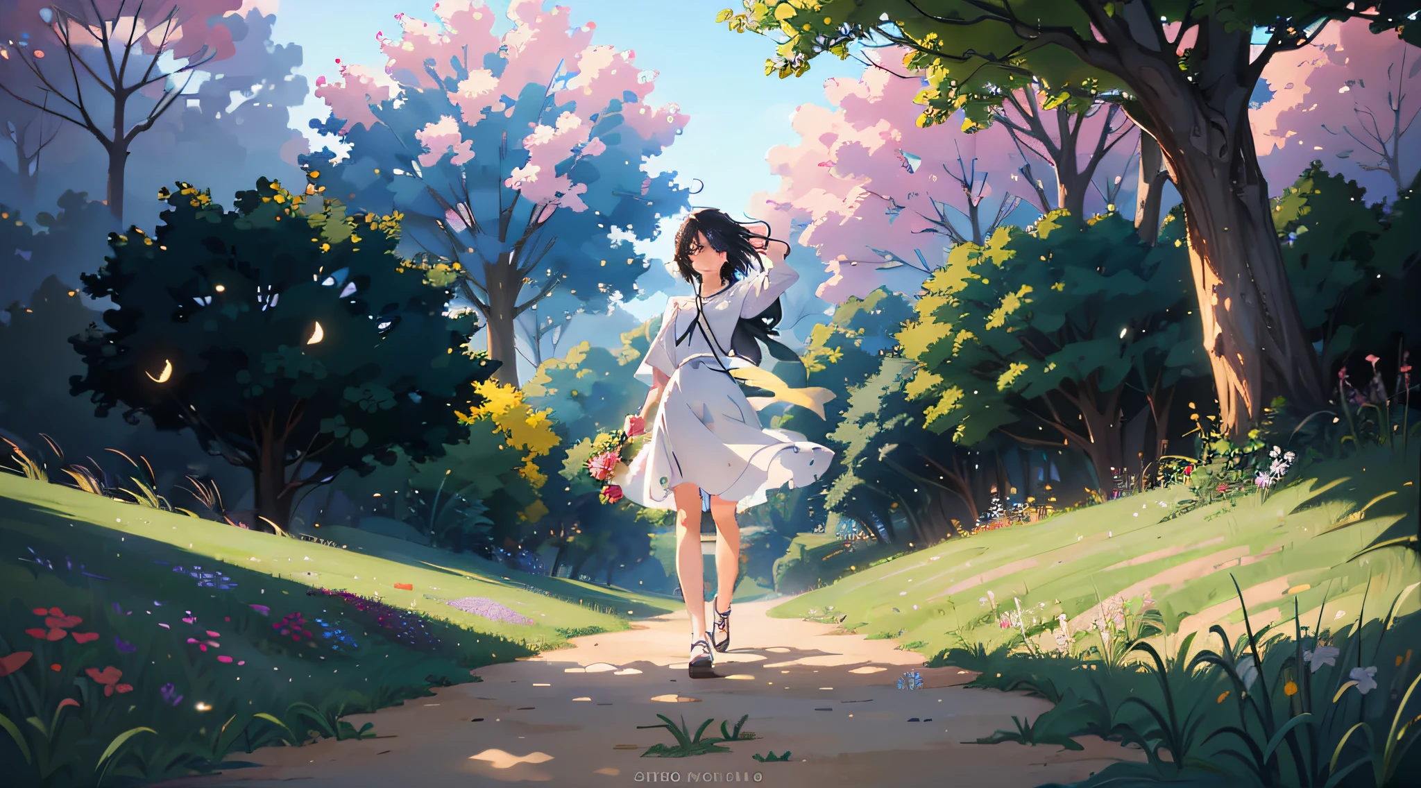 Dirt pavement, hyper-detailed, roadside meadow (flat), grass (low), a small number of small flowers growing in the grass (dotted, red), masterpiece, anime background, Shinkai Makoto style