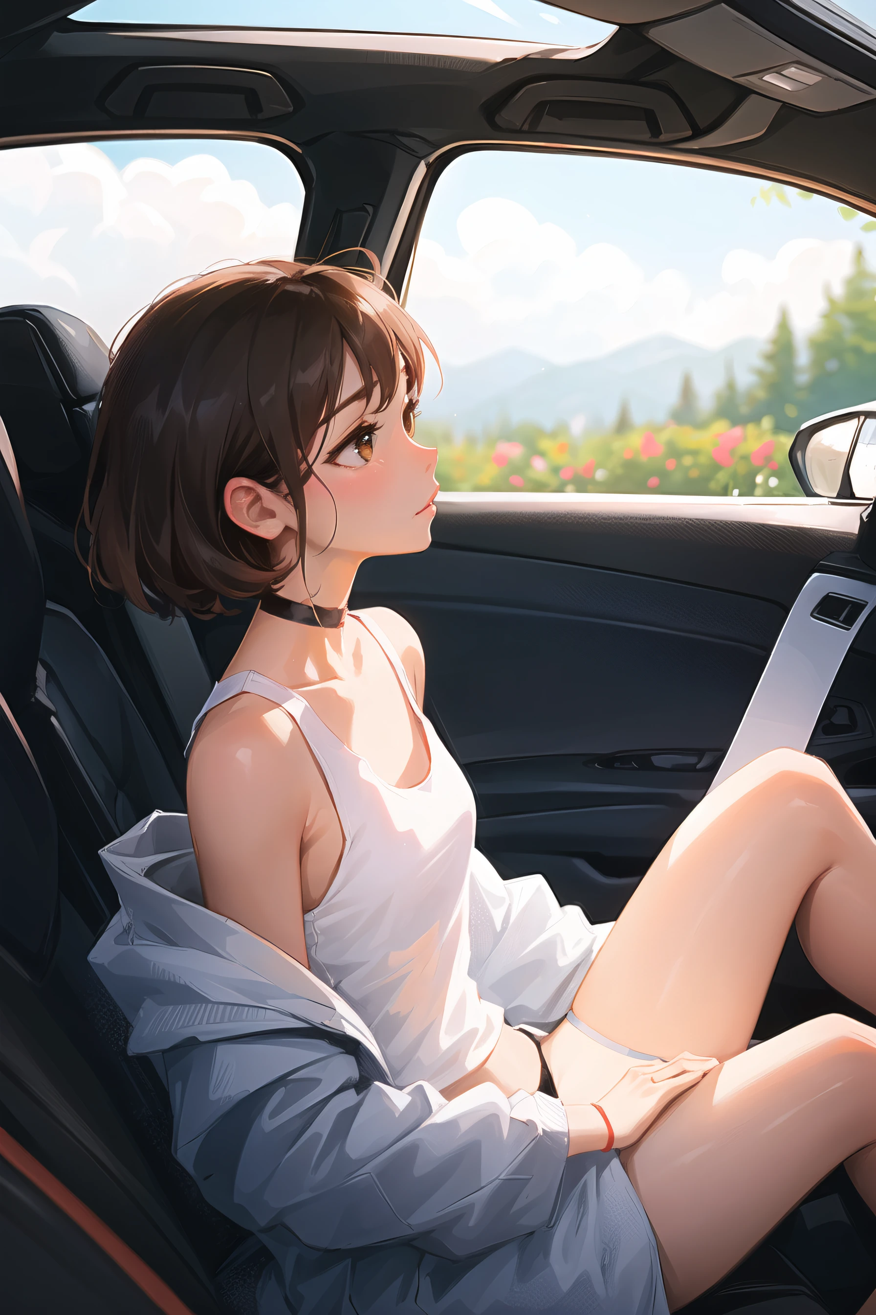 sam yang,

1girl, bangs, black hair, blurry, blurry background, brown eyes, car interior, choker, from side, lips, motion blur, off shoulder, short hair, sitting, solo, tank top
, ((masterpiece))