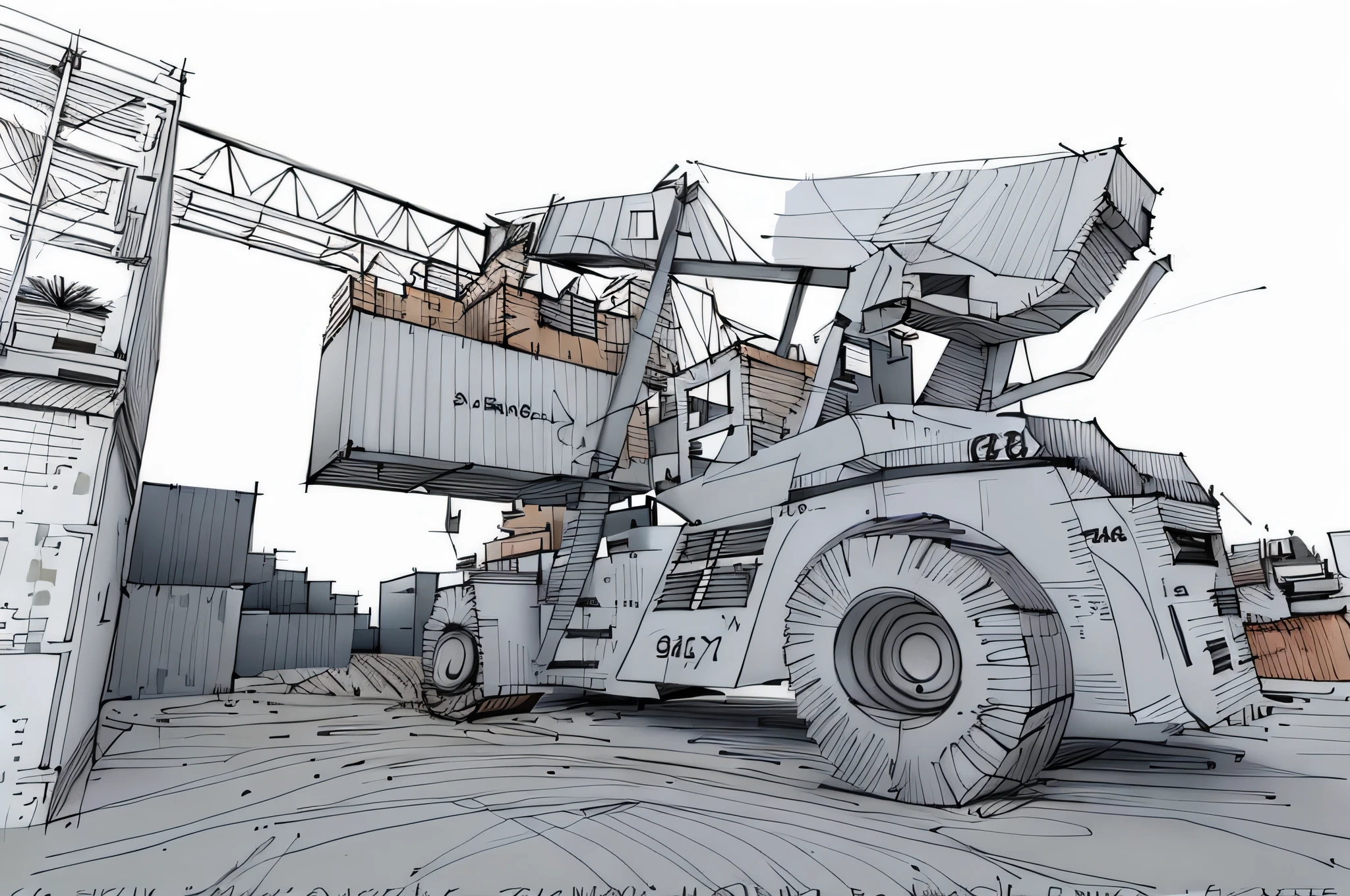 linear, gray, white background, simple background, sketch, sketch, pen_sketch_style, there is a large bulldozer that is parked in front of the truck, lifting the container, loading, heavy machinery, large shovel, mining scrap metal, gravel, hard work, massive construction machines
