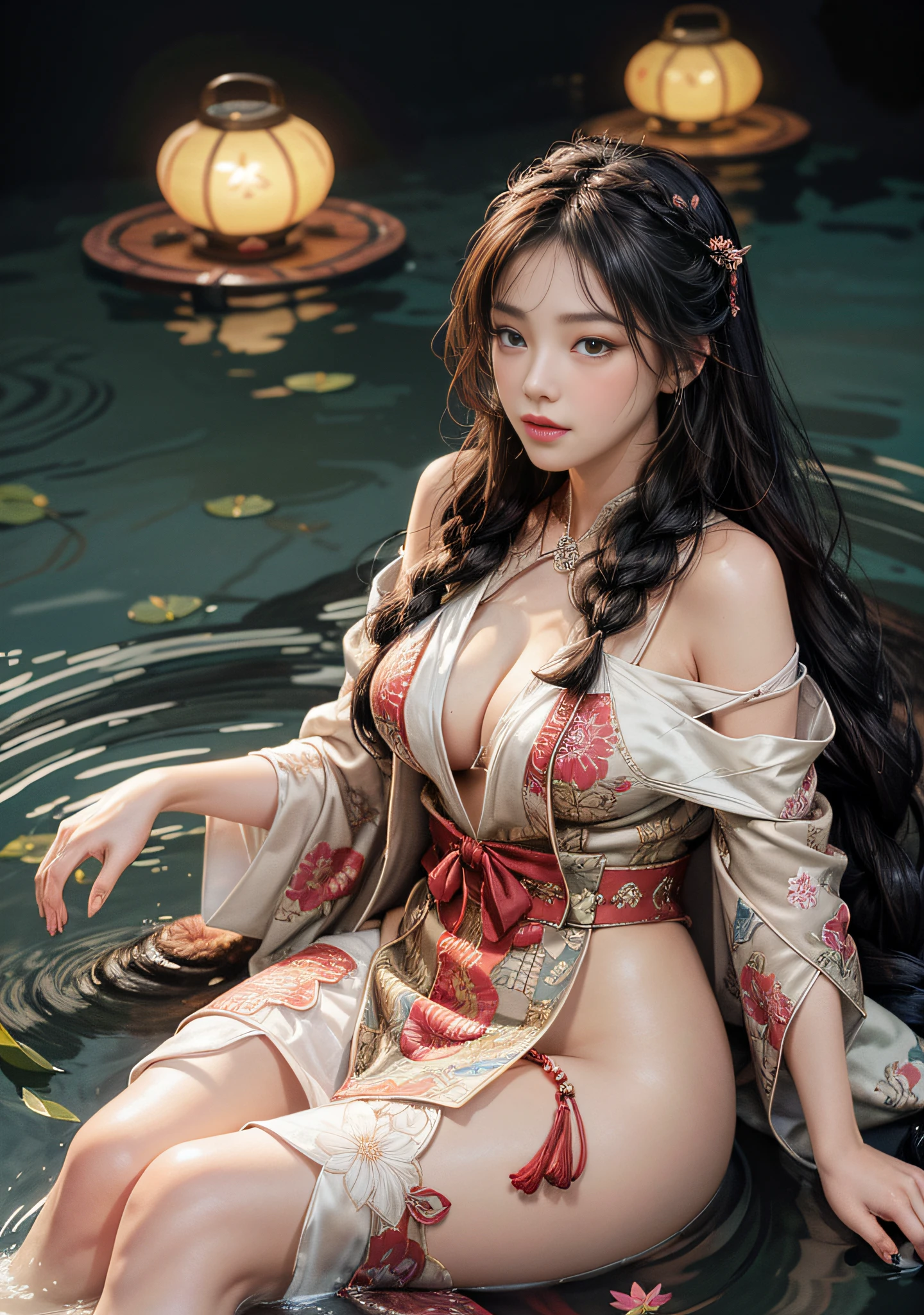 Sitting on the bow of a boat filled with lotus flowers, red lanterns on both sides of the lake, feet playing in the water, art depicts a charming woman, smiling, 2 hands, 2 legs, delicate face, 2 braids, normal face, dressed in a flowing, silky traditional oriental dress, taro purple, decorated with intricate patterns and bright colors. Her dress drapes elegantly over her curvy figure, accentuating her seductive silhouette. She sits gracefully by the tranquil lotus lake, her feet playing in the water, bathed in the soft glow of the moonlight. The scene exudes an ethereal and dreamy atmosphere, with a touch of mystery and sexiness. The graphic style blends watercolor and digital illustration techniques to evoke a refined beauty and charm. The lights are filled with soft moonlight, casting soft highlights and shadows on her charming features. Open thighs, big breasts, three-dimensional facial features, sitting, upturned legs, 1 side braid,