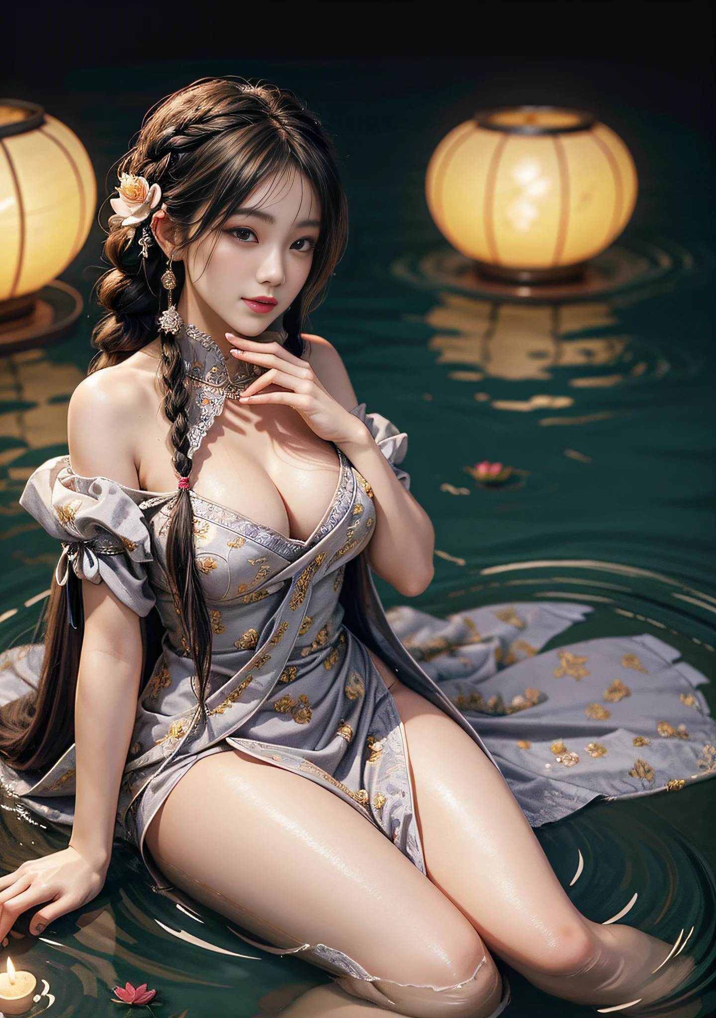 Sitting on the bow of a boat filled with lotus flowers, red lanterns on both sides of the lake, feet playing in the water, art depicts a charming woman, smiling, 2 hands, 2 legs, delicate face, 2 braids, normal face, dressed in a flowing, silky traditional oriental dress, taro purple, decorated with intricate patterns and bright colors. Her dress drapes elegantly over her curvy figure, accentuating her seductive silhouette. She sits gracefully by the tranquil lotus lake, her feet playing in the water, bathed in the soft glow of the moonlight. The scene exudes an ethereal and dreamy atmosphere, with a touch of mystery and sexiness. The graphic style blends watercolor and digital illustration techniques to evoke a refined beauty and charm. The lights are filled with soft moonlight, casting soft highlights and shadows on her charming features. Open thighs, big breasts, three-dimensional facial features, sitting, upturned legs, 1 side braid,
