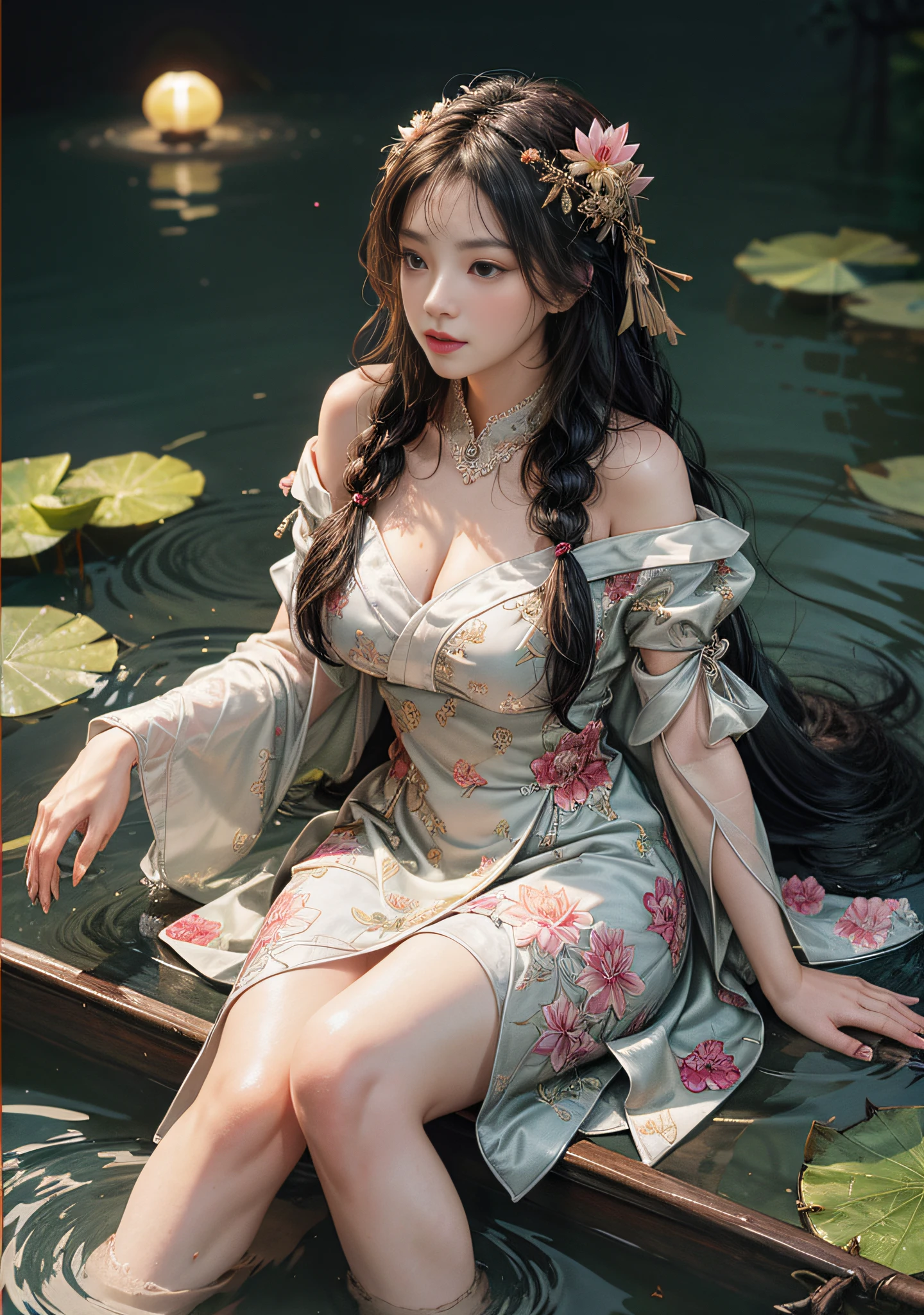 Sitting on the bow of a boat filled with lotus flowers, red lanterns on both sides of the lake, feet playing in the water, art depicts a charming woman, smiling, 2 hands, 2 legs, delicate face, 2 braids, normal face, dressed in a flowing, silky traditional oriental dress, taro purple, decorated with intricate patterns and bright colors. Her dress drapes elegantly over her curvy figure, accentuating her seductive silhouette. She sits gracefully by the tranquil lotus lake, her feet playing in the water, bathed in the soft glow of the moonlight. The scene exudes an ethereal and dreamy atmosphere, with a touch of mystery and sexiness. The graphic style blends watercolor and digital illustration techniques to evoke a refined beauty and charm. The lights are filled with soft moonlight, casting soft highlights and shadows on her charming features. Open thighs, big breasts, three-dimensional facial features, sitting, upturned legs, 1 side braid,