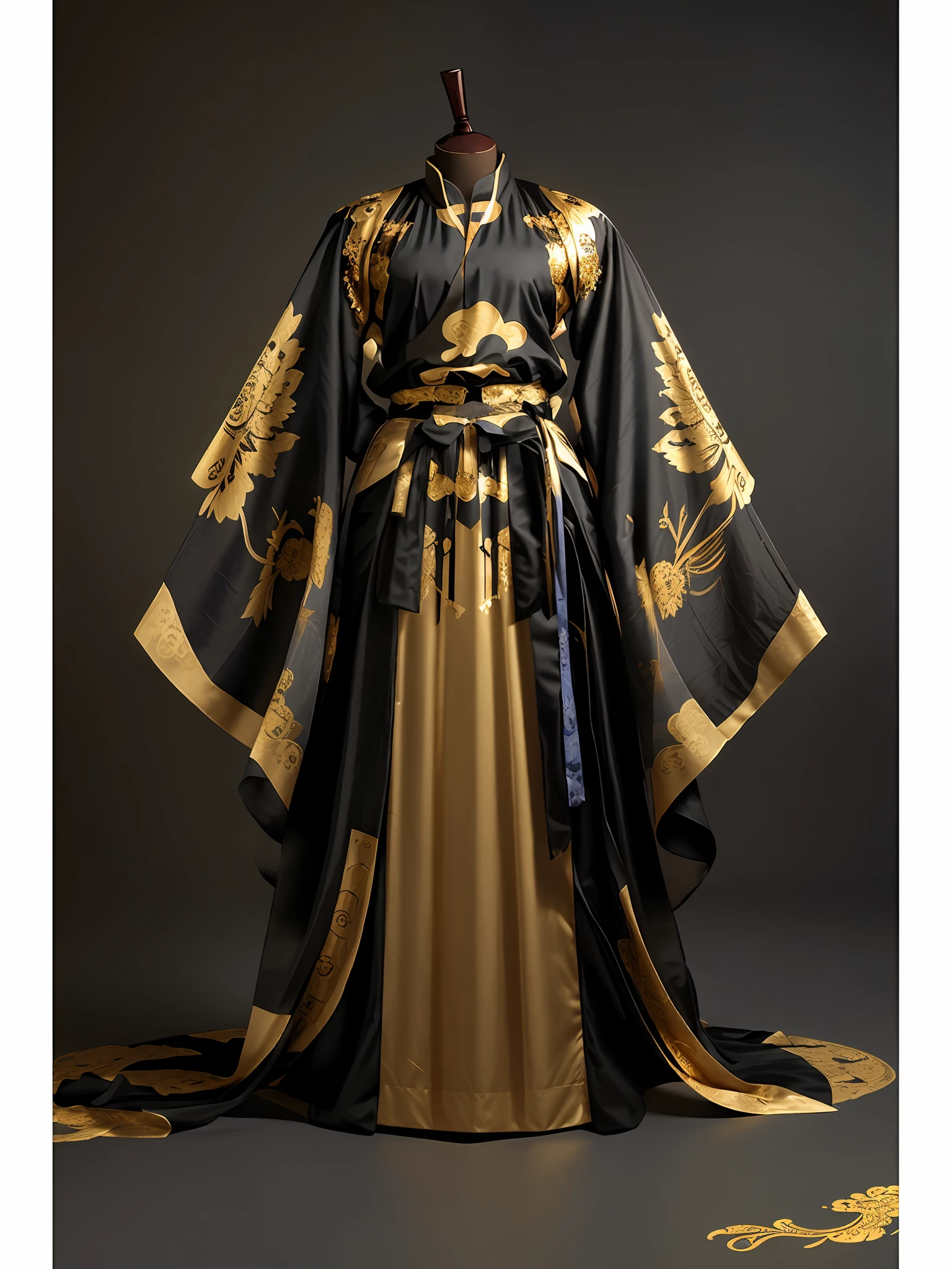 Close-up of black and gold Hanfu with an eagle on it, Hanfu, robe with golden characters, dark robe with gold accents, robe. Extremely high detail, inspired by the emperor, golden brocade dark blue dress, embroidered brocade robe, wearing a gilded robe