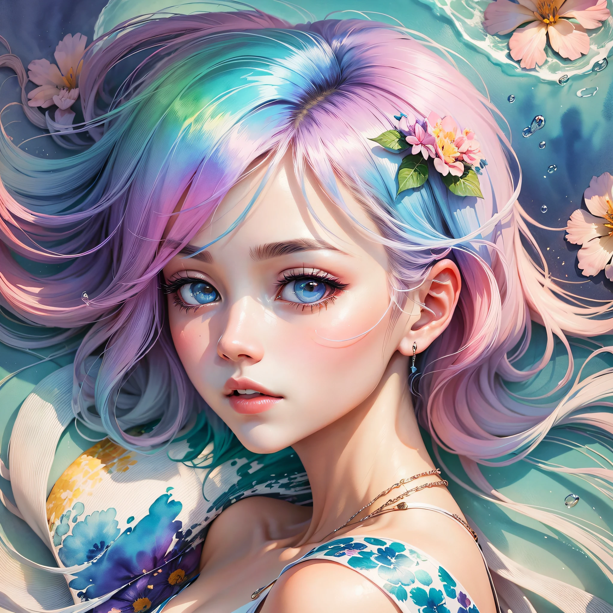 (Best Quality), (Masterpiece: 1.2), (Colorful: 0.9), (Ink Splash), (Color Splash), (Watercolor)), Sharp Focus, (Portrait Summer Goddess: 1.5), Elegant Look, Elegant Pastel Haircut, Beautiful and Detailed Face and Eyes, Elegant Clothes, Summer Sea Background, Colored Water --auto --s2