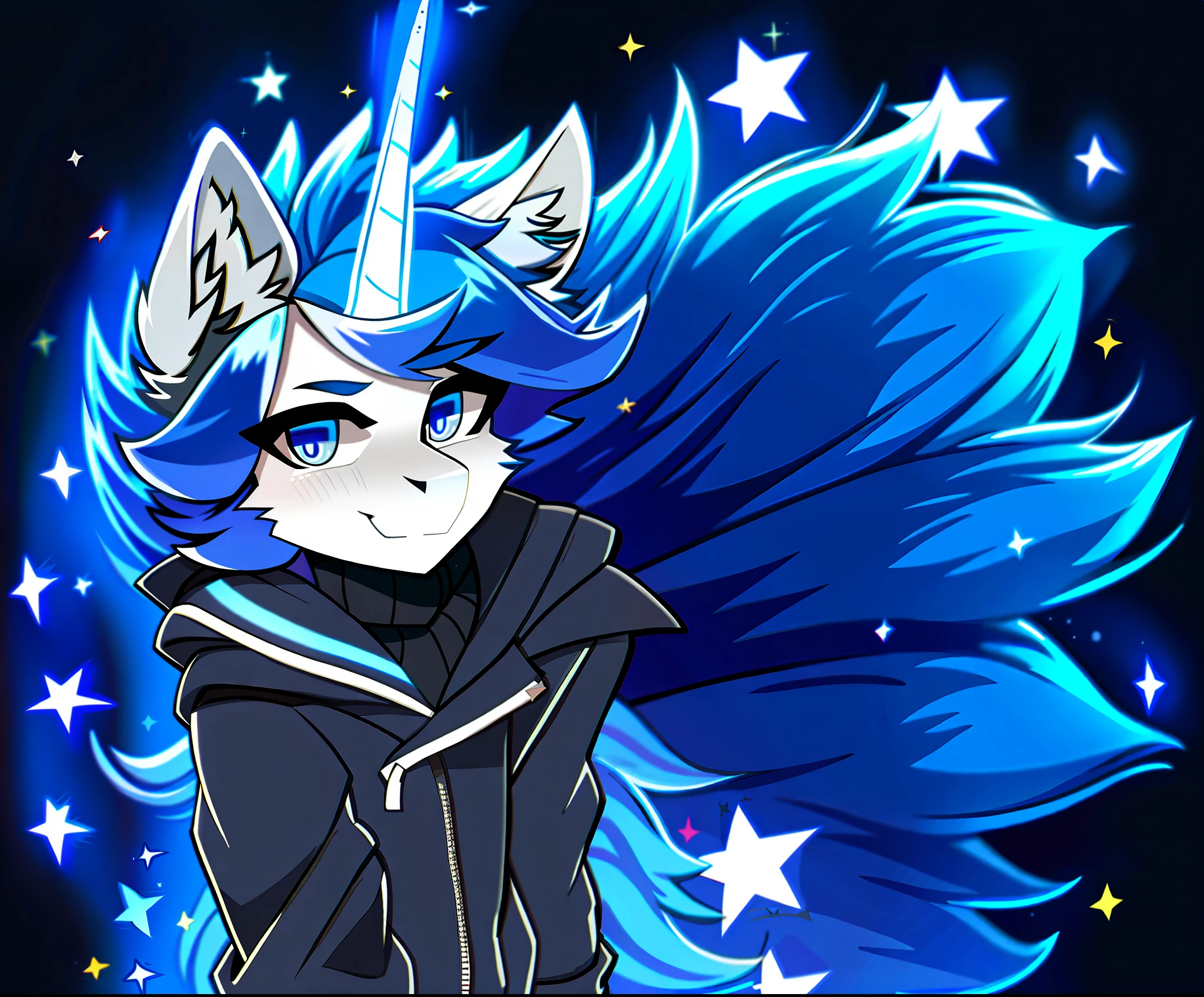 (best quality, masterpiece), 1boy, starry background, unicorn horn, blue eyes, dark grey fur, dark blue hair, blue tail, full body, confident smile, solo, hair covers left eye, looking at you, jacket, pony