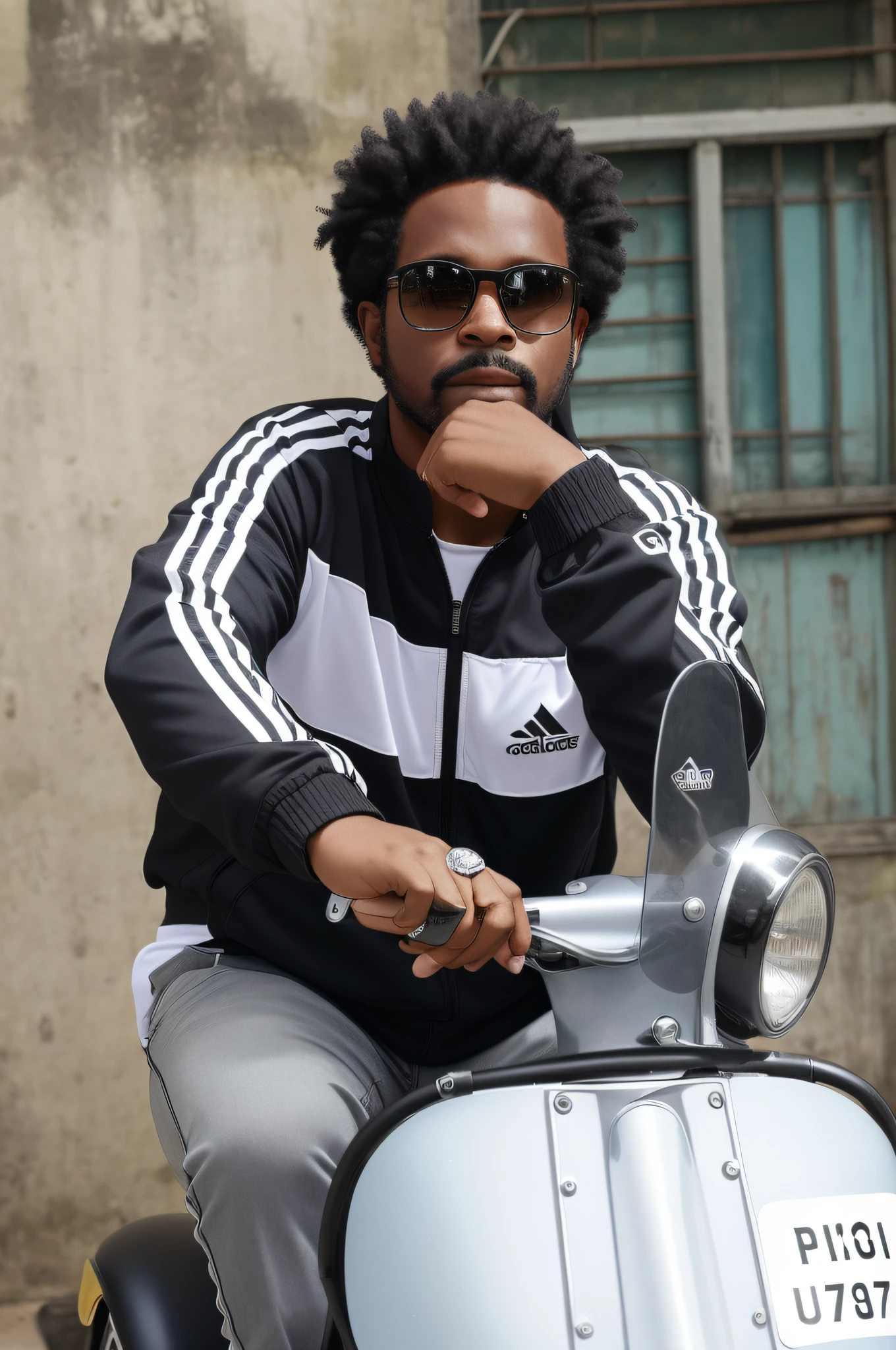 There is a man sitting on a vintage scooter with a watch on his wrist, photoshoot, Rio de Janeiro, Brasília, black man with afro hair, biker, album cover, Adidas tracksuit jacket, photo shoot, promotional photo, portrait image, badass composition, sitting, elegant pose, promotional photo, aesthetic photo, Rio de Janeiro in background --auto --s2