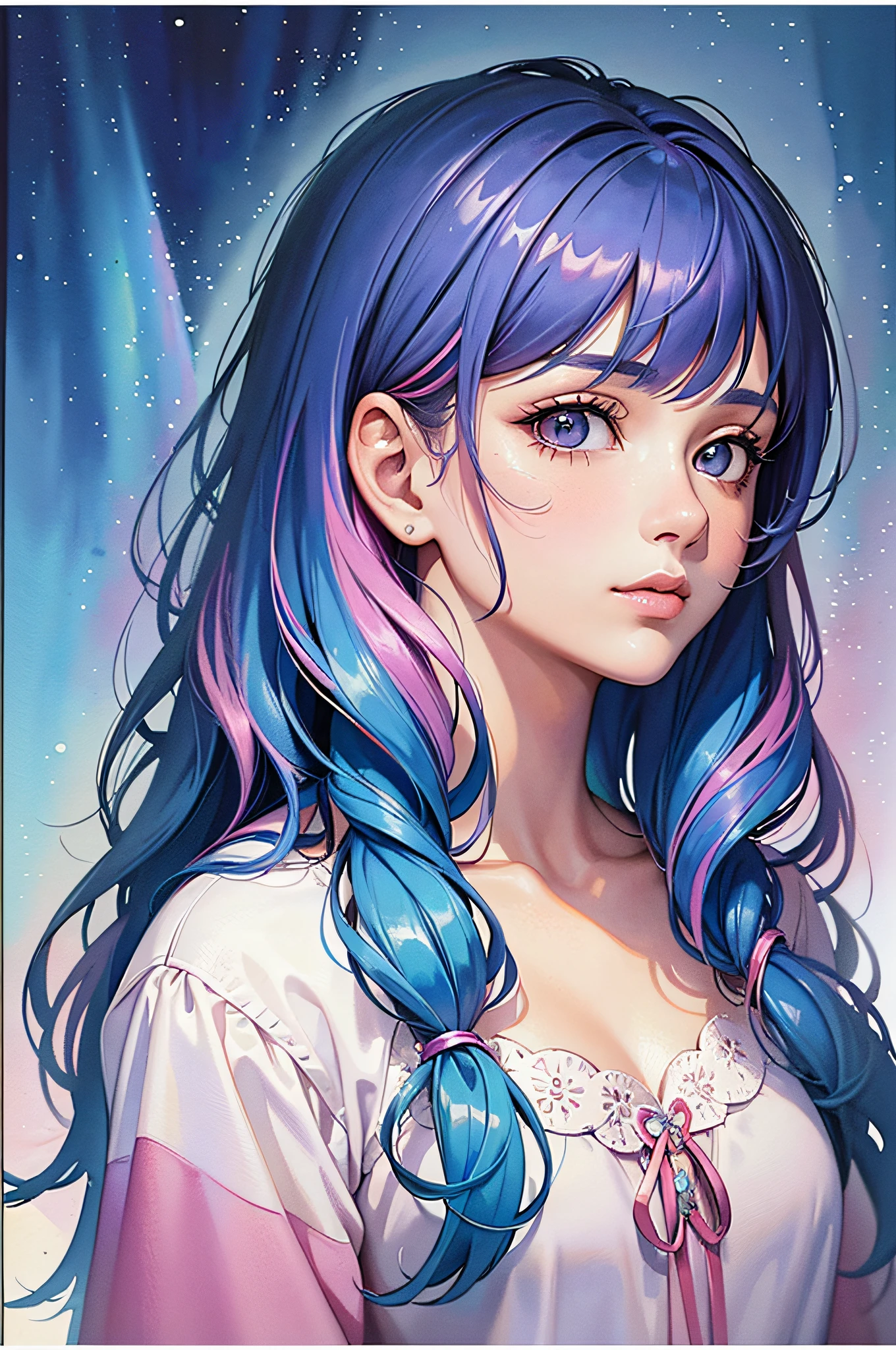 (Masterpiece, Top Quality, Best Quality, Watercolor (Medium), Official Art, Beauty and Aesthetics: 1.2), (1girl: 1.3), (Fractal Art: 1.3), Clean Background, Simple Background, Upper Body, Side View, Looking at the Viewer, Pattern, (Rainbow Hair, Colored Hair, Half Blue and Half Pink Hair: 1.2)