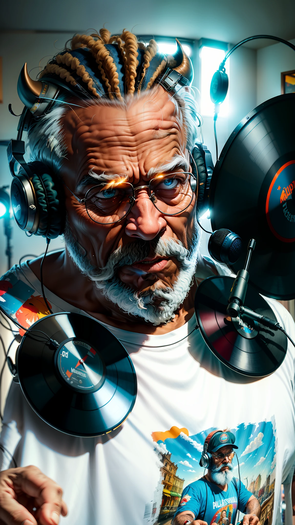 ((best quality)), (super detail)), ((masterpiece)), photo, scene: equipped radio studio, theme: character: old buffalo, appearance: DJ with beard, headphones and microphone on a stand, action: dancing, facial expression: expressive, holds vinyl records, bright T-shirt, blue jeans, white sneakers, perspective: 4K.