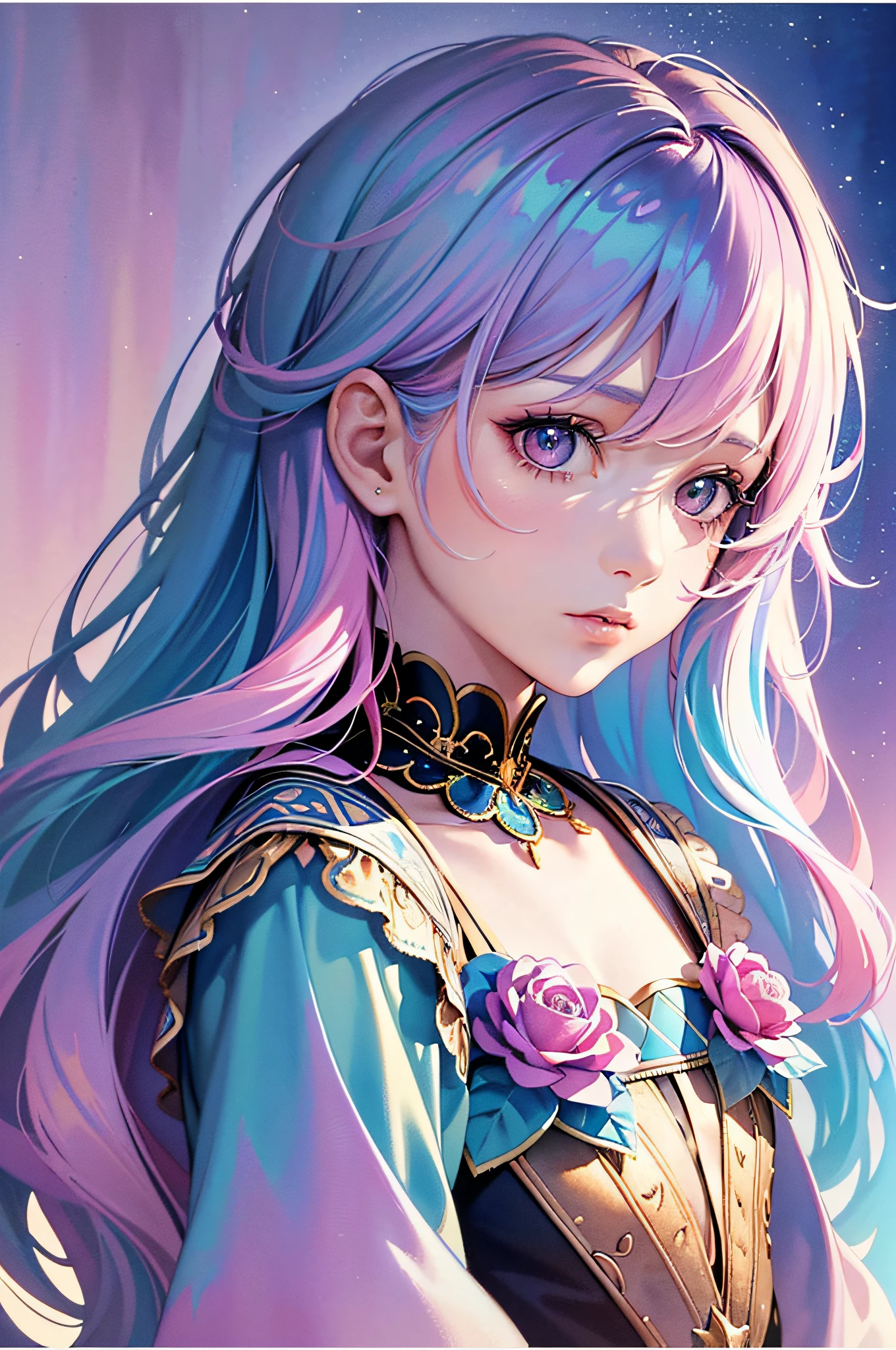 (Masterpiece, Top Quality, Best Quality, Watercolor (Medium), Official Art, Beauty and Aesthetics: 1.2), (1girl: 1.3), (Fractal Art: 1.3), Clean Background, Simple Background, Upper Body, Side View, Looking at the Viewer, Pattern, (Rainbow Hair, Colored Hair, Half Blue and Half Pink Hair: 1.2)