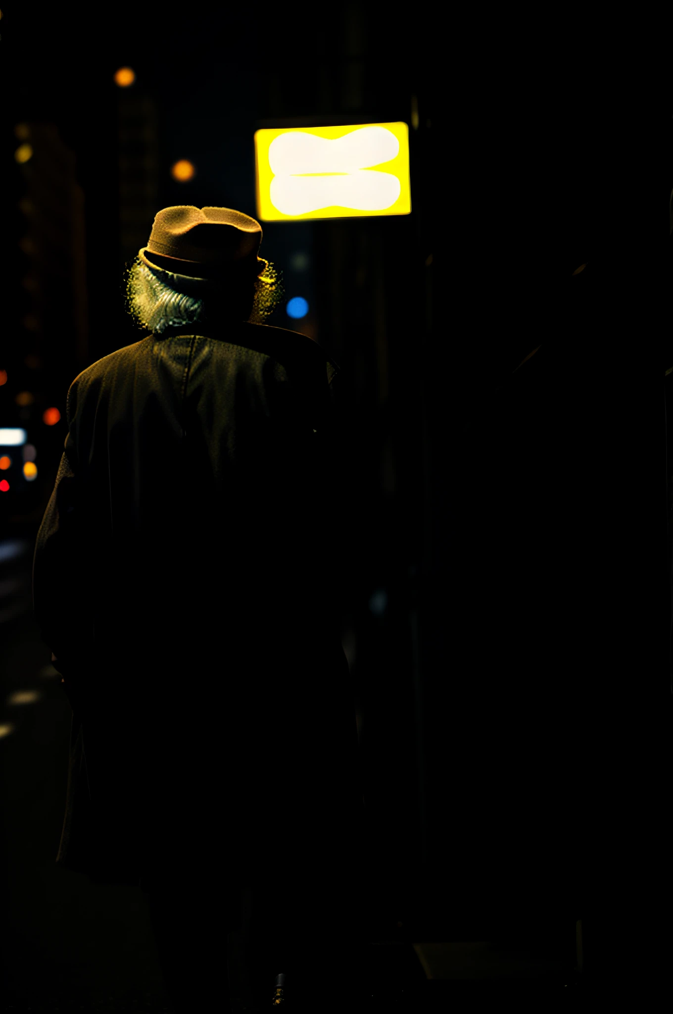 An old man, dressed in rags, night, cityscape, masterpiece, best quality, back, realistic,