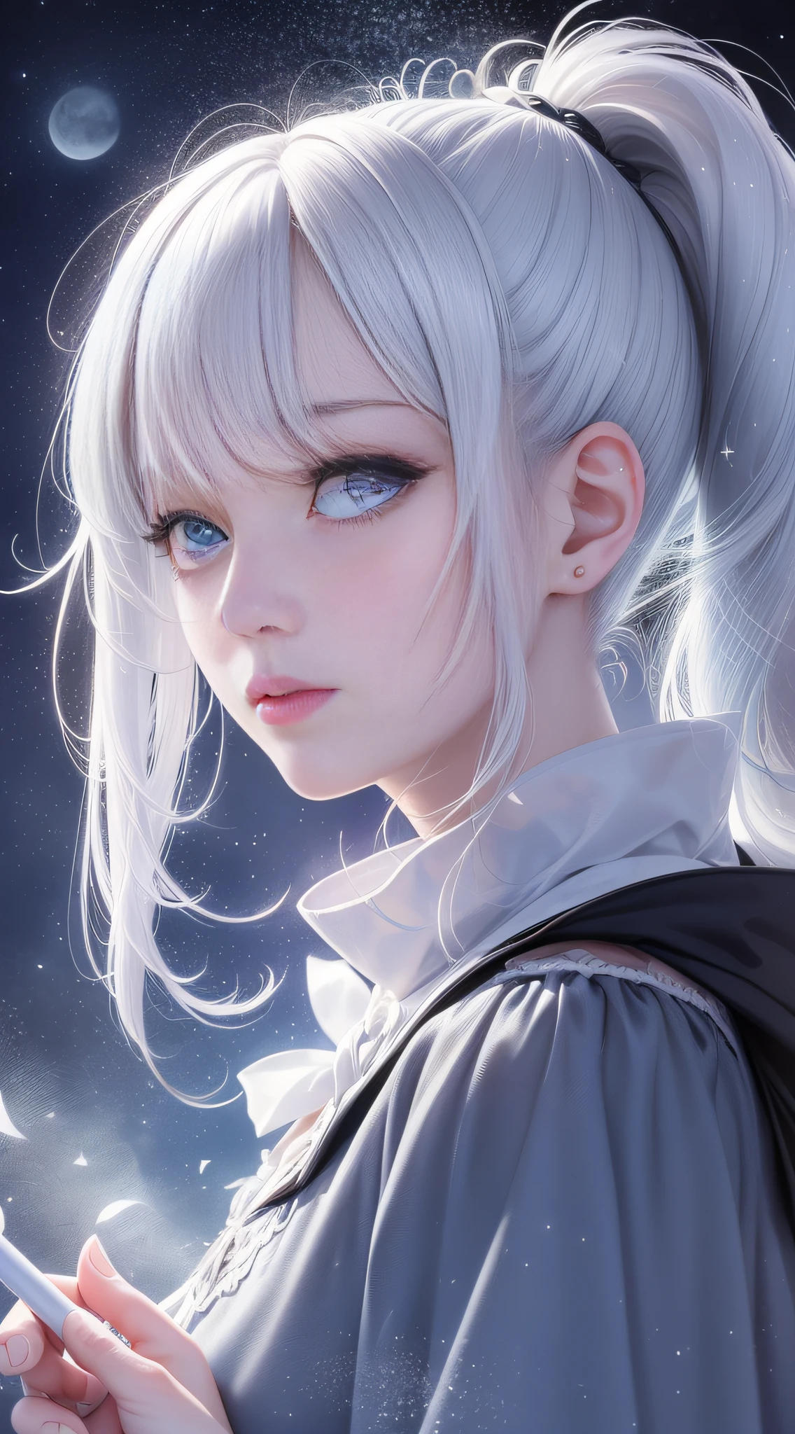 Masterpiece, (Best Quality: 1.2), (Super Fine: 1.2), Illustration, (Extremely Delicate and Beautiful: 1.2), Film Angle, Floating, (Beautiful Detail Eye: 1.1), (Detail Light: 1.1), Film Lights, Delicate Sky, Woman, White Hair, Blue Eyes, (High Ponytail: 1.1), Cloak, Glowing Eyes, (Moon: 1.2), (Moonlight: 1.1), Starry Sky, (Light Particles: 1.1), Fog , snow painting, sketching, blooming