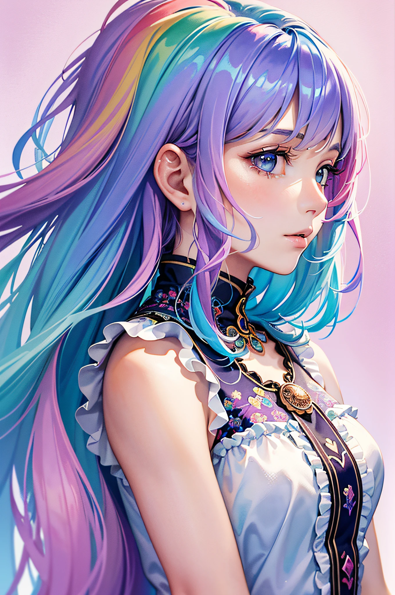 (Masterpiece, Top Quality, Best Quality, Watercolor (Medium), Official Art, Beauty and Aesthetics: 1.2), (1girl: 1.3), (Fractal Art: 1.3), Clean Background, Simple Background, Upper Body, Side View, Looking at the Viewer, Pattern, (Rainbow Hair, Colored Hair, Half Blue and Half Pink Hair: 1.2)