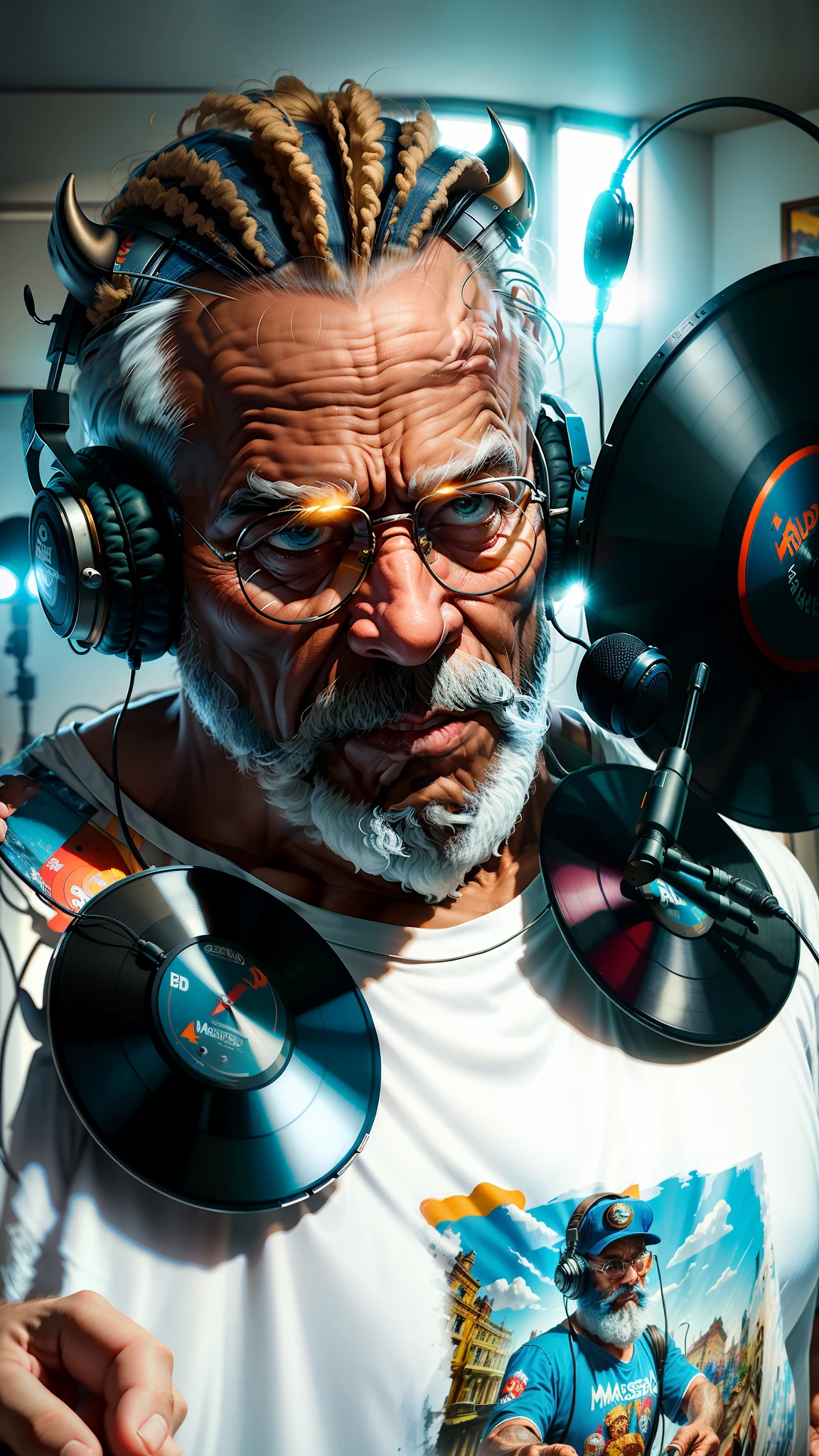 ((best quality)), (super detail)), ((masterpiece)), photo, scene: equipped radio studio, theme: character: old buffalo, appearance: DJ with beard, headphones and microphone on a stand, action: dancing, facial expression: expressive, holds vinyl records, bright T-shirt, blue jeans, white sneakers, perspective: 4K.