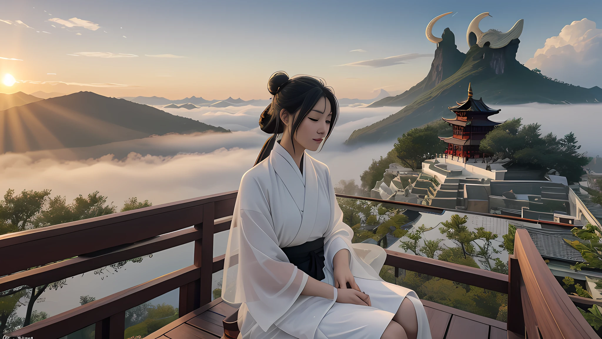 (RAW Photo, Best Quality), (Realistic, Photo Realistic: 1.3), Extremely Delicate and Beautiful, Amazing, Fine Detail, Masterpiece, Ultra Detail, High Resolution, (Best Illustration), (Best Shadow), Intricate, A beautiful female Taoist priest in a white see-through robe and in a bun, sitting on the eaves of the Taoist temple, overlooking the monks meditating below. In the distance there are pavilions, towers and distant mountains, decorated with floating clouds, (dragon in the background: 1.3), sunset, storm, Clear focus, volumetric fog, 8k UHD, DSLR, high quality, (film grain: 1.4), Fujifilm XT3,
The facial features are delicate and clear, and the five fingers are clear