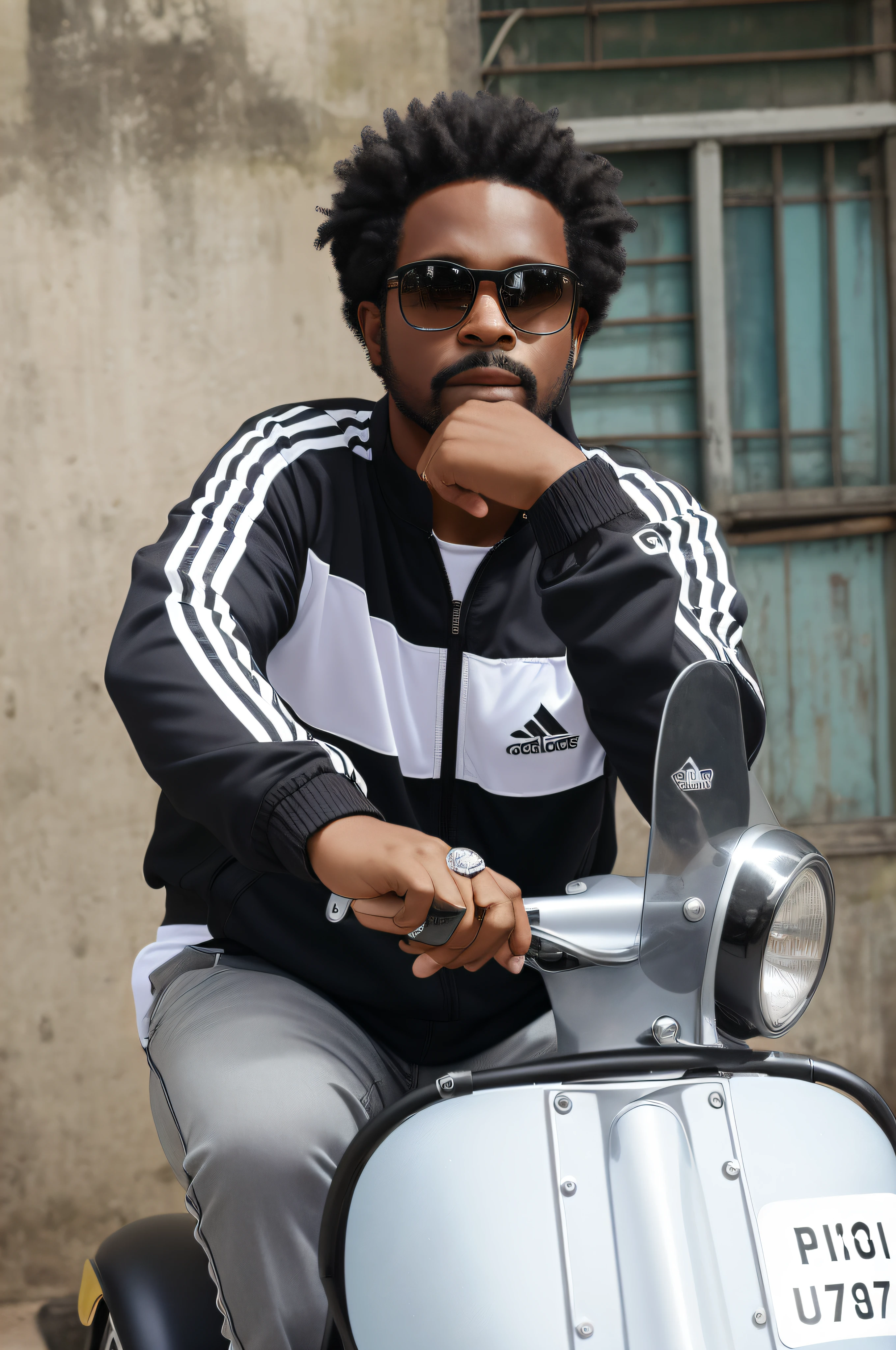 There is a man sitting on a vintage scooter with a watch on his wrist, photoshoot, Rio de Janeiro, Brasília, black man with afro hair, biker, album cover, Adidas tracksuit jacket, photo shoot, promotional photo, portrait image, badass composition, sitting, elegant pose, promotional photo, aesthetic photo, Rio de Janeiro in background --auto --s2