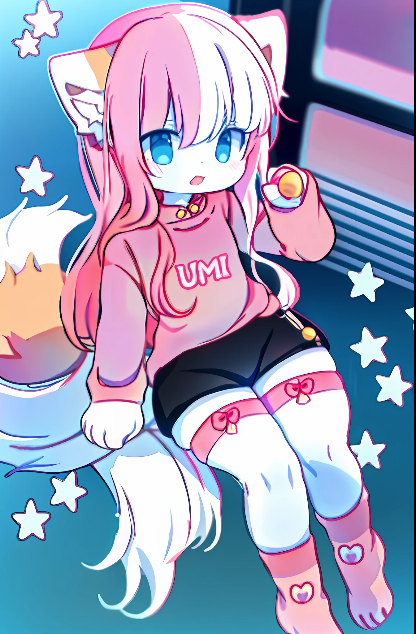 anime boy with a pink shirt and half nude, and a pink cat, fursona!!!!, female furry mini cute style, cute anime catboy, furry fursona, furry art!!!, holo is a wolf girl, furry furaffinity, fursona art, nyaruko-san, female fursona, nekomimi, anime catboy, fursona commission, solo, thick_thighs