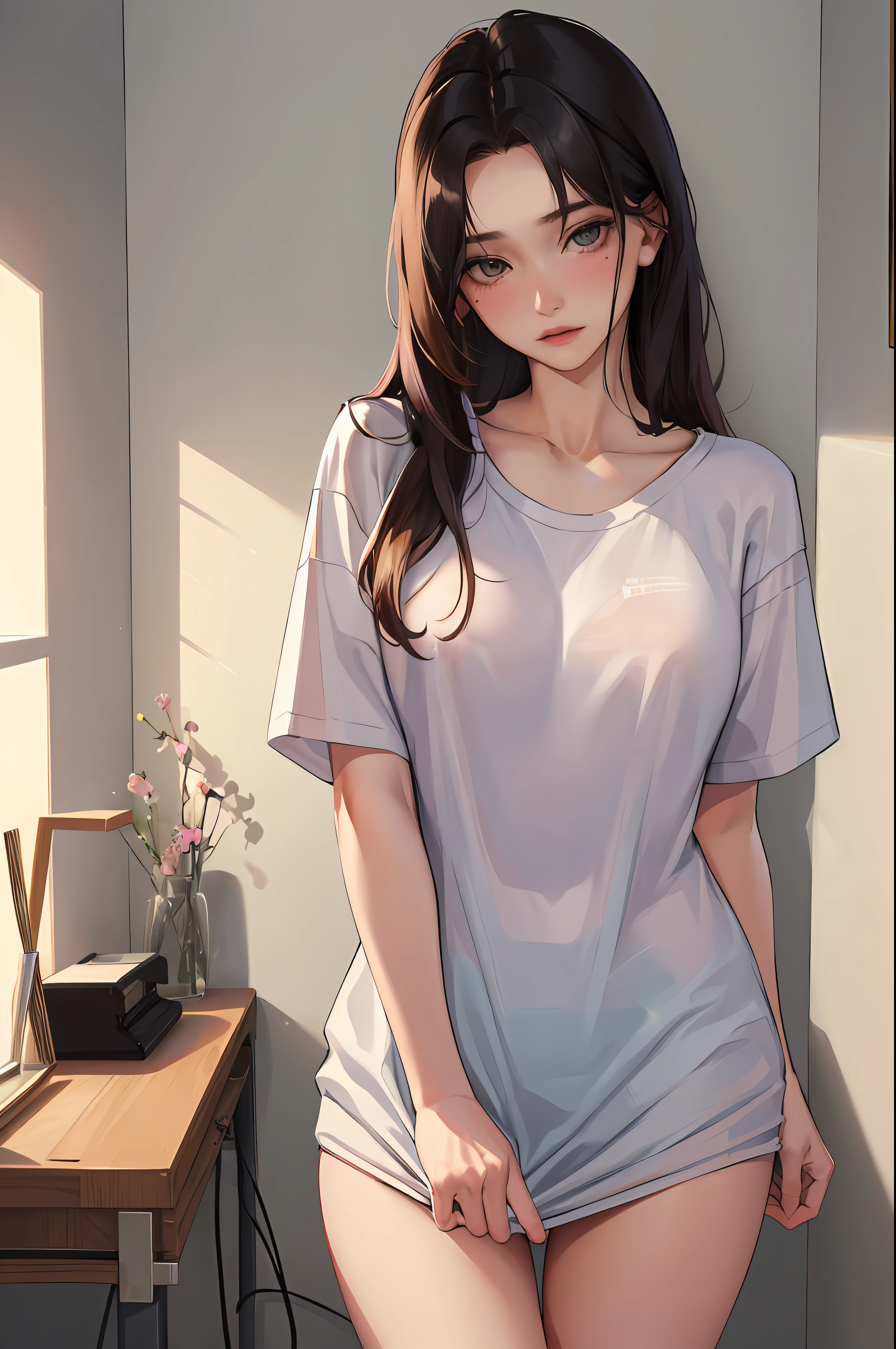 (highest resolution, distinct_image) The best quality, a woman, masterpiece, highly detailed, semi realistic, 21 years old, cute, young, beautiful, naked oversized t-shirt, shirt tug, collar on neck, indoors, modern bedroom, window, waking up, morning, blushing