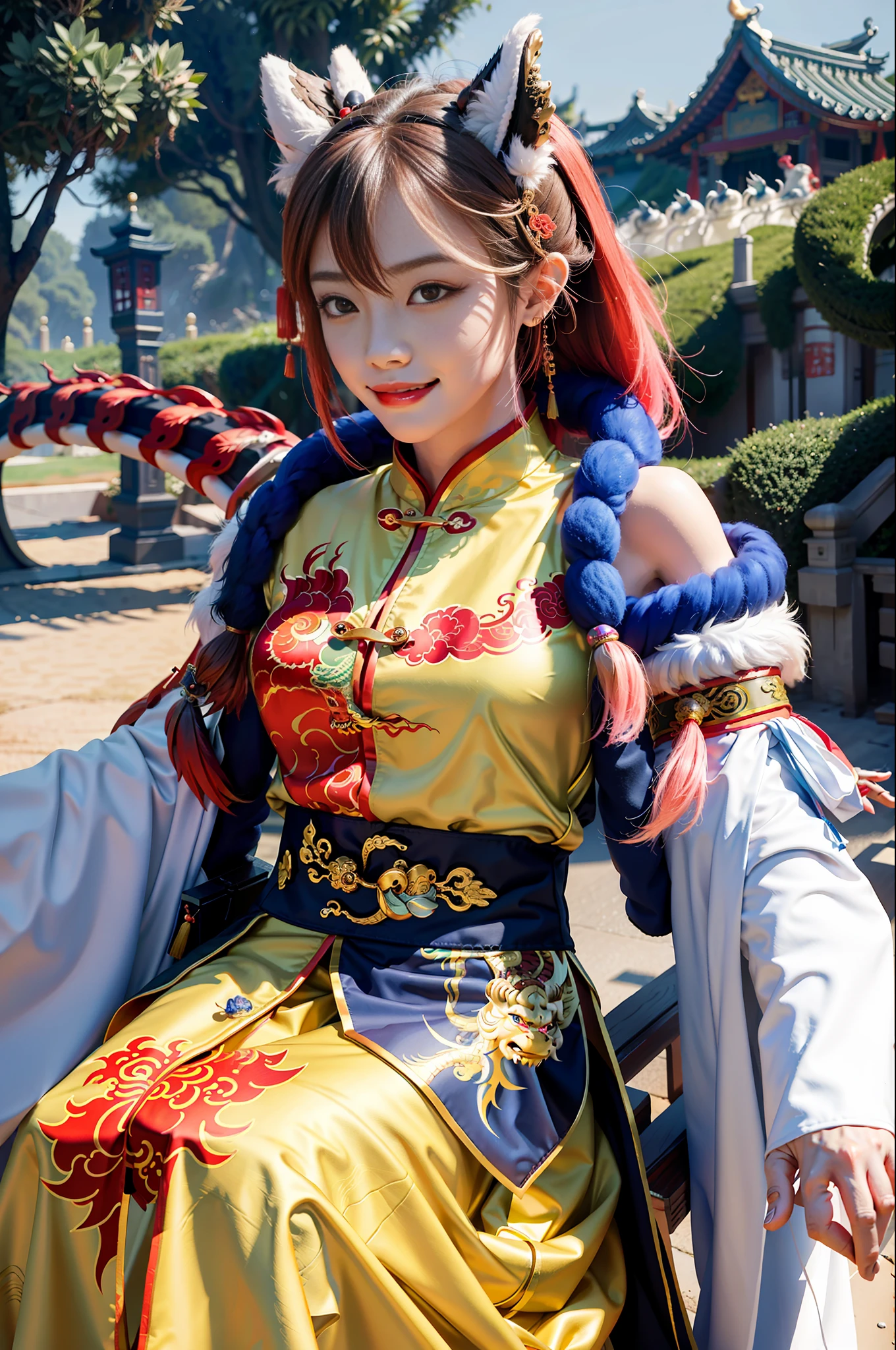 masterpiece, best quality, making friends with the Chinese dragon, fun, happy, bright, loong,