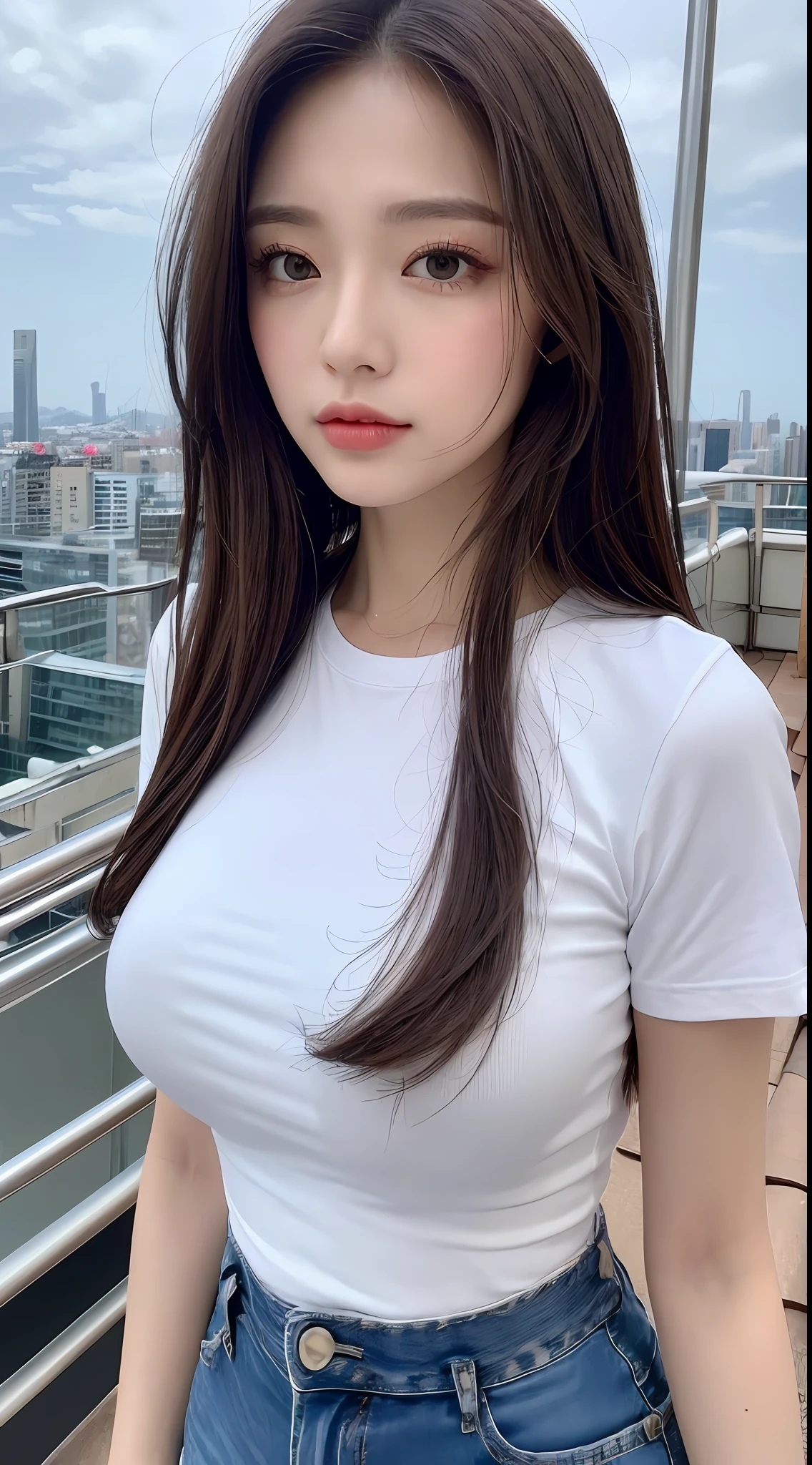 ((Midnight, Best quality, 8k, Masterpiece :1.3)), Whole body, Long legs, Sharp focus :1.2, A pretty woman with perfect figure :1.4, Slender abs :1.1, ((Dark brown hair,Gigantic breasts :1.2)), (White tight tshirt, Jean bib, Standing:1.2), ((Night city view, Rooftop:1.3)), Highly detailed face and skin texture, Detailed eyes, Double eyelid