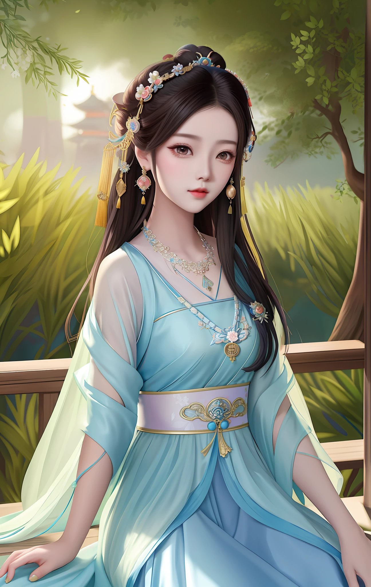 araffe asian woman in a blue dress sitting on a bench, a beautiful fantasy empress, palace ， a girl in hanfu, ((a beautiful fantasy empress)), inspired by Lan Ying, ancient chinese princess, beautiful character painting, inspired by Huang Ji, inspired by Du Qiong, fantasy art style, beautiful fantasy maiden, inspired by Qiu Ying, beautiful maiden