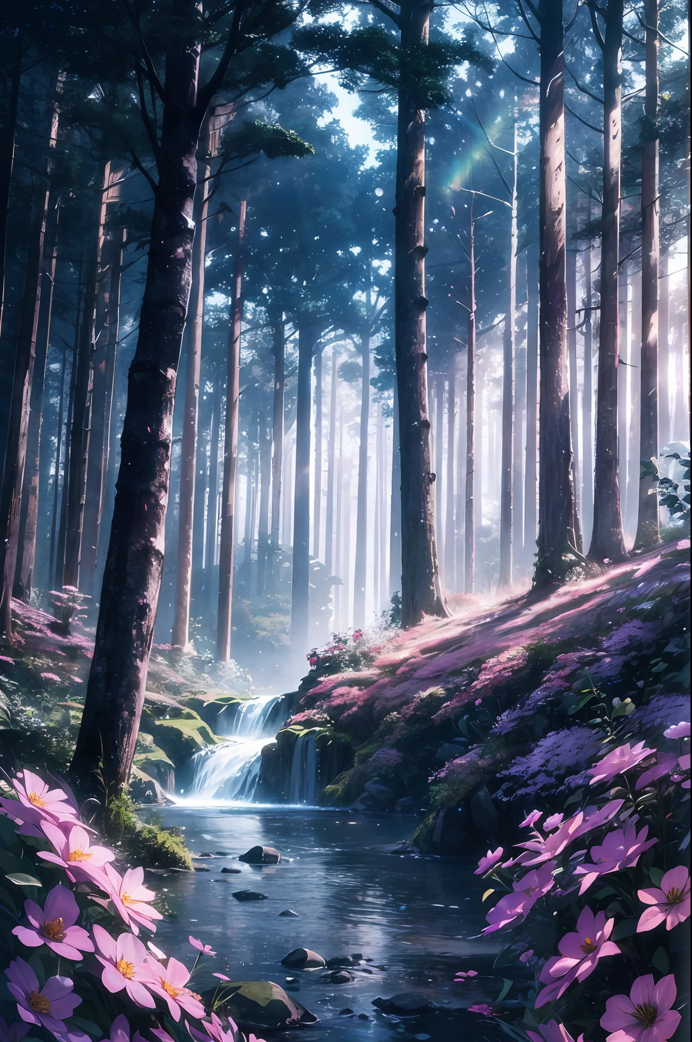 high res, ultra detailed, (no human:1.3), BREAK , Create an image using a dark rainbow prism effect, with light refracting and creating ethereal cinematic appearance. BREAK , Design an image with a cinematic lens , capturing a wide field of view with a distinctive, curved perspective. BREAK , Capture a dense forest path, with aged thick trees, rocks, streams, waterfall,trees with colorful flowers,dappled sunlight, and a sense of tranquility and natural beauty. BREAK , Illustrate a ethereal world, using only ethereal shades of nature to convey depth, emotion, and a striking visual impact --auto --s2