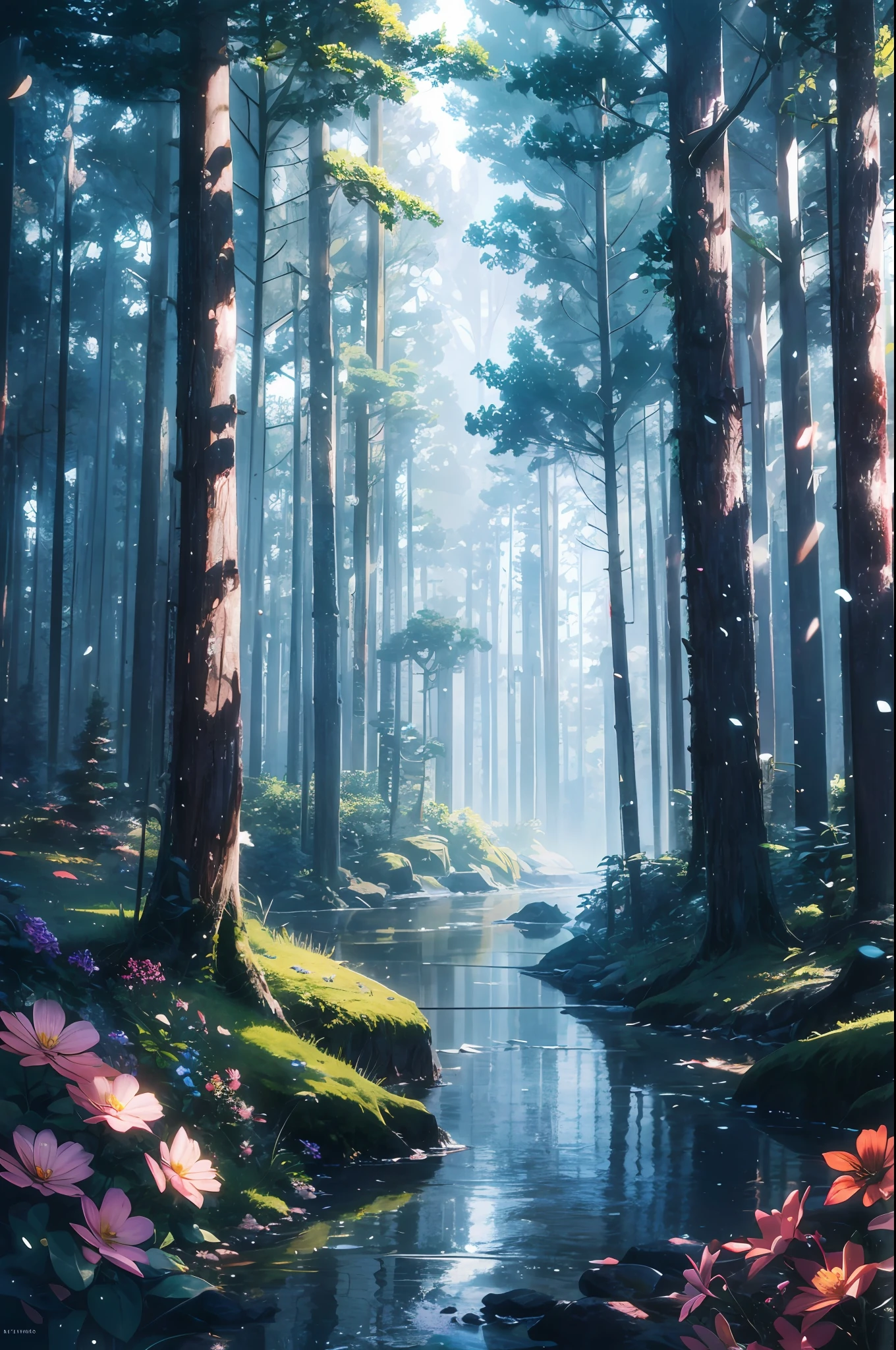 high res, ultra detailed, (no human:1.3), BREAK , Create an image using a dark rainbow prism effect, with light refracting and creating ethereal cinematic appearance. BREAK , Design an image with a cinematic lens , capturing a wide field of view with a distinctive, curved perspective. BREAK , Capture a dense forest path, with aged thick trees, rocks, streams, waterfall,trees with colorful flowers,dappled sunlight, and a sense of tranquility and natural beauty. BREAK , Illustrate a ethereal world, using only ethereal shades of nature to convey depth, emotion, and a striking visual impact --auto --s2