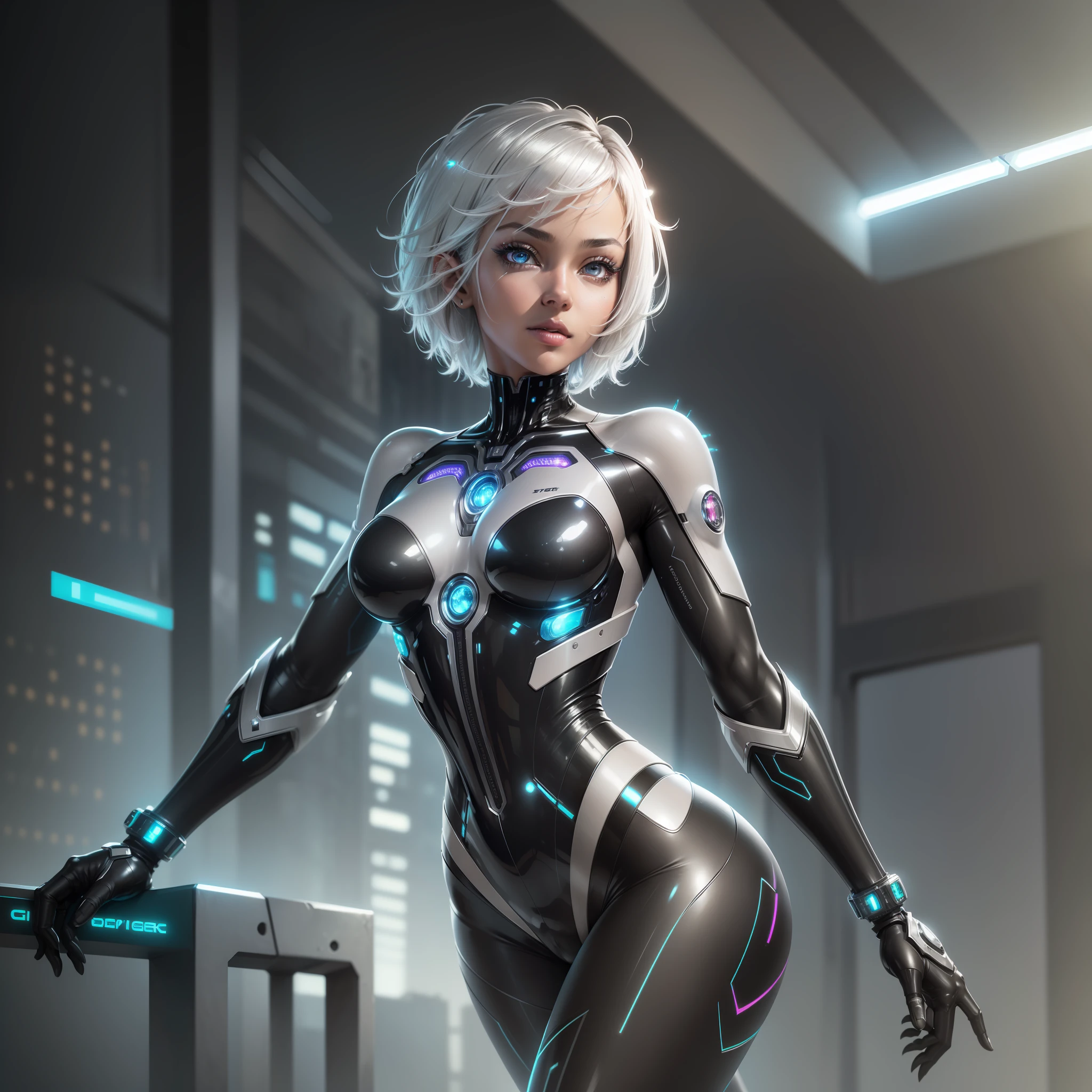 (highest quality, masterpiece, ultra high definition), (short hair, silver), (jewel-like eyes, cybernetic), (cyberpunk style, shiny black skin tight suit, transparent high-tech material, internal circuits and energy flow visible)