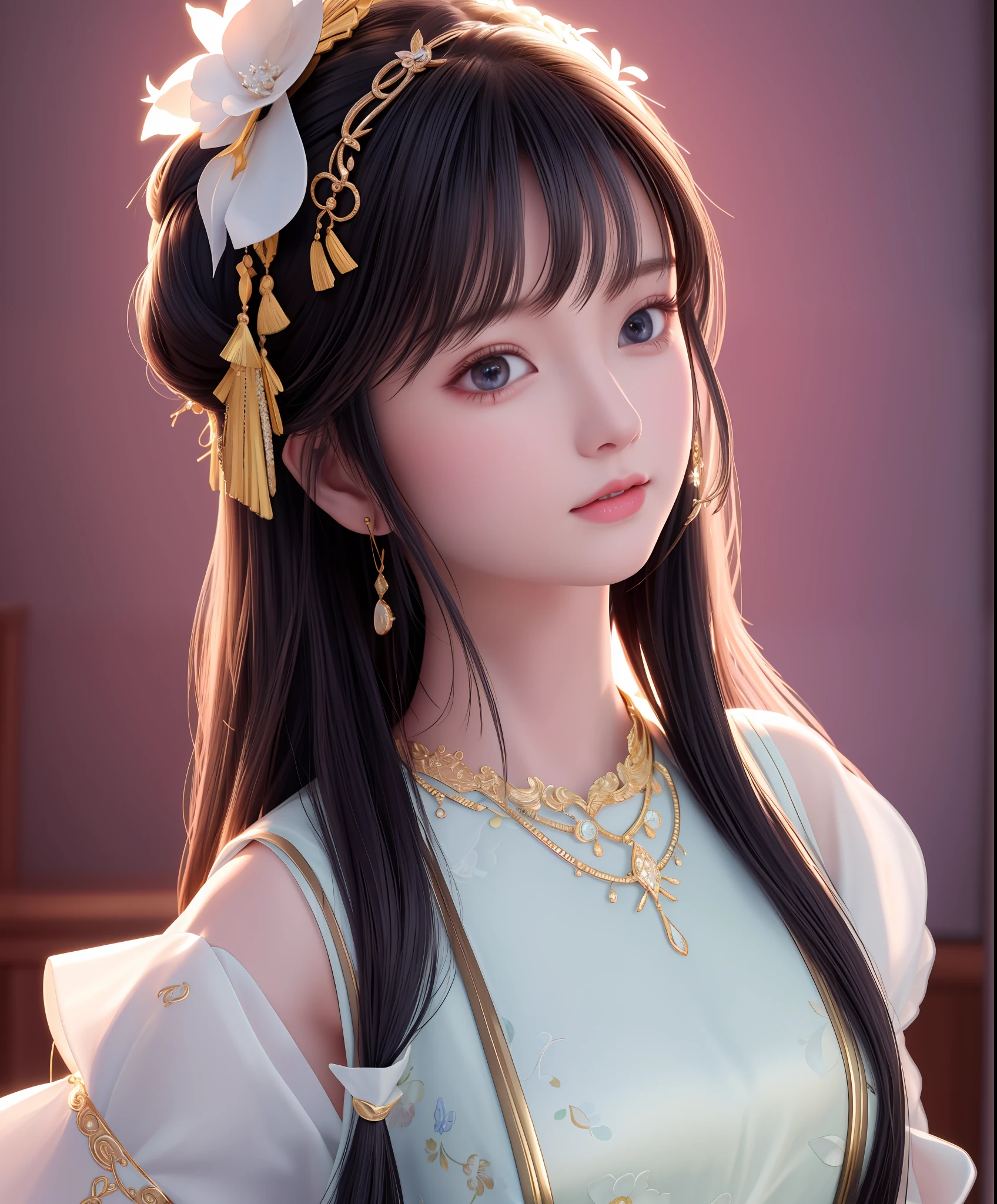 Best quality, masterpiece, high resolution, 1girl, porcelain dress, hair accessories, necklace, jewelry, beautiful face, on the body, Tyndall effect, realistic, dark studio, edge lighting, two-tone lighting, (high detail skin: 1.2), 8k UHD, dslr, soft light, high quality, volumetric light, candid, photo, high resolution, 4k, 8k, background blur,