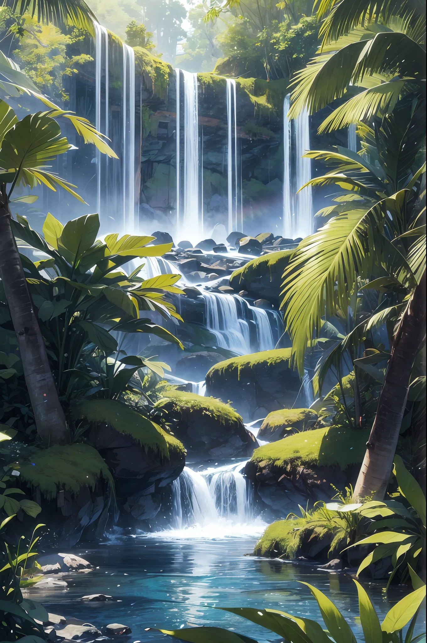 res, ultra detailed, (no human:1.3), BREAK , Create an image using a dark rainbow prism effect, with light refracting and creating ethereal cinematic appearance. BREAK , Design an image with a cinematic lens , capturing a wide field of view with a distinctive, curved perspective. BREAK , Capture a wide river,dense rainforest , with aged thick trees, rocks, waterfall,trees with colorful flowers,dappled sunlight, and a sense of tranquility and natural beauty. BREAK , Illustrate a rainforest world, using only godray shades of nature to convey depth, emotion, and a striking visual impact --auto --s2