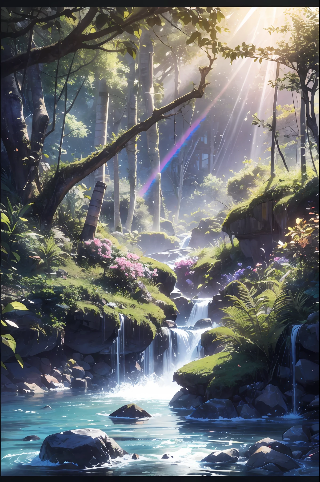 res, ultra detailed, (no human:1.3), BREAK , Create an image using a dark rainbow prism effect, with light refracting and creating ethereal cinematic appearance. BREAK , Design an image with a cinematic lens , capturing a wide field of view with a distinctive, curved perspective. BREAK , Capture a wide river,dense rainforest , with aged thick trees, rocks, waterfall,trees with colorful flowers,dappled sunlight, and a sense of tranquility and natural beauty. BREAK , Illustrate a rainforest world, using only godray shades of nature to convey depth, emotion, and a striking visual impact --auto --s2