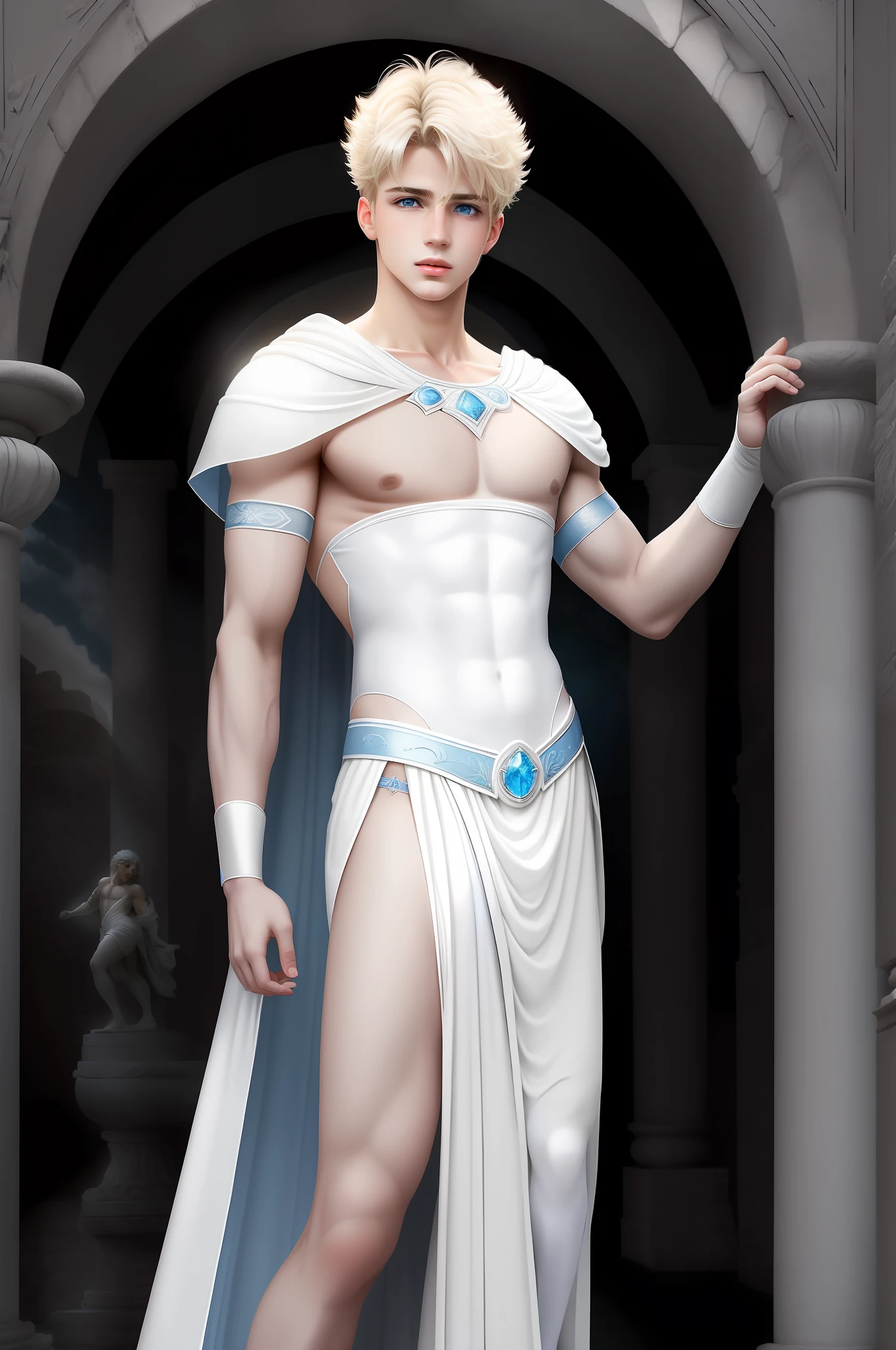masterpiece, best quality, effeminate roman boy blond cutest in the world, feminine, delicate, blue eyes, around 16 to 20 years, super cute, dynamic pose, model, cool and seductive, dramatic lighting, sexy, white costume of ancient rome, submissive