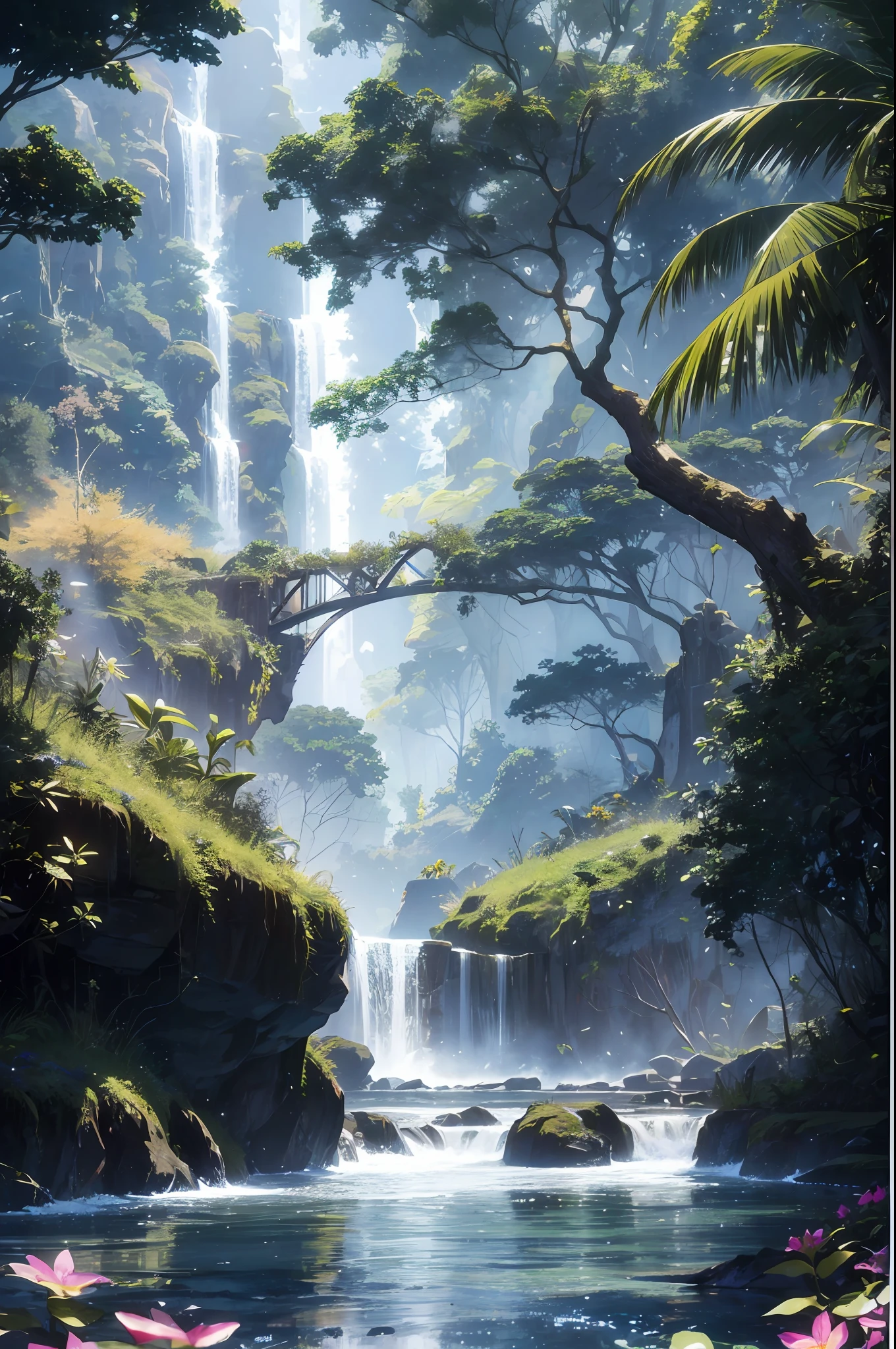 res, ultra detailed, (no human:1.3), BREAK , Create an image using a dark rainbow prism effect, with light refracting and creating ethereal cinematic appearance. BREAK , Design an image with a cinematic lens , capturing a wide field of view with a distinctive, curved perspective. BREAK , Capture a wide river,dense rainforest , with aged thick trees, rocks, waterfall,trees with colorful flowers,dappled sunlight, and a sense of tranquility and natural beauty. BREAK , Illustrate a rainforest world, using only godray shades of nature to convey depth, emotion, and a striking visual impact --auto --s2