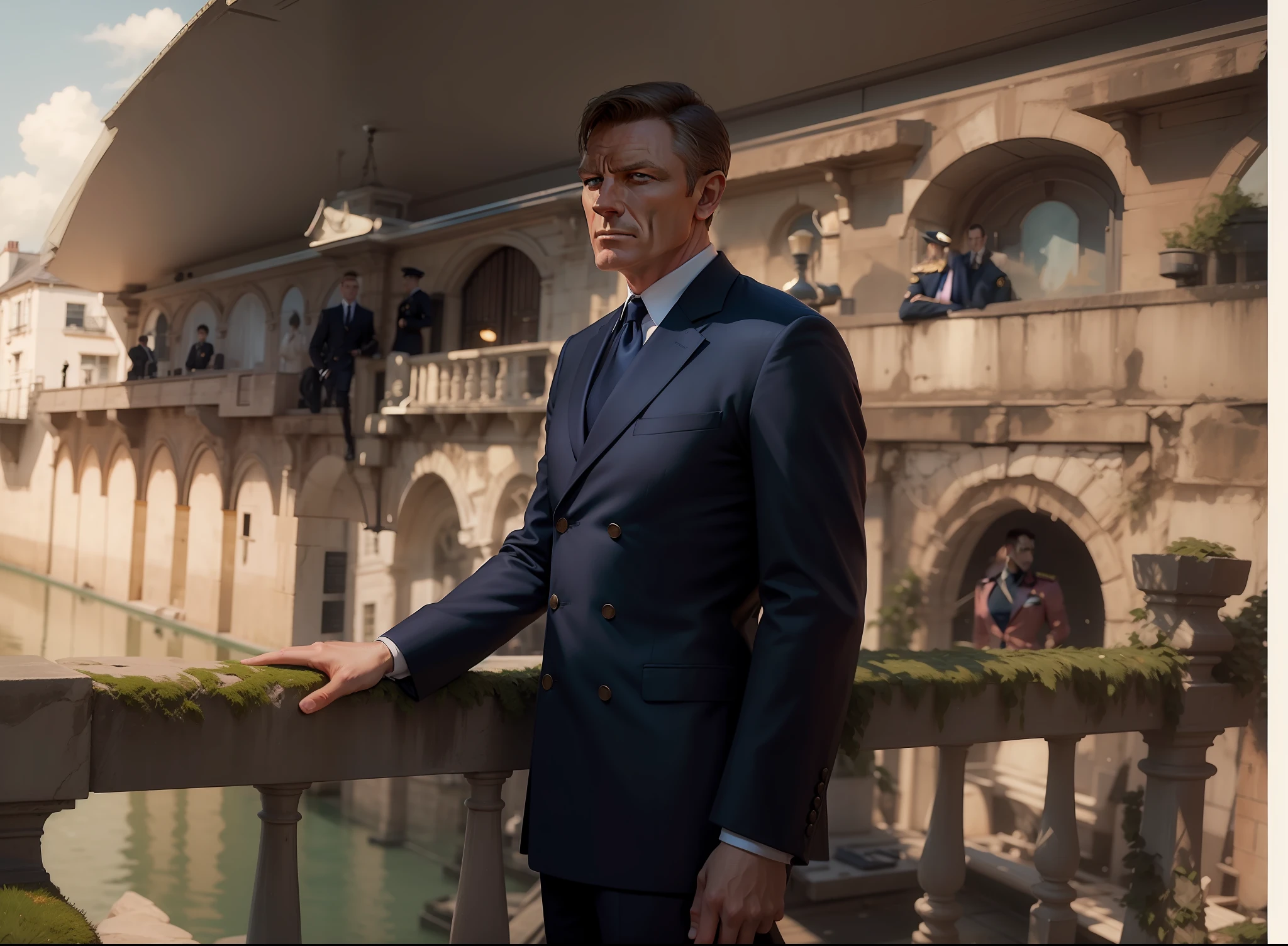 James Bond is the commander of the Royal Navy and looks great in a double-breasted navy blazer with sea connections. Lazenby wears a six-button, three-prong blazer paired with a pink shirt and knit tie. It is an elegant and timeless coordination. --auto --s2